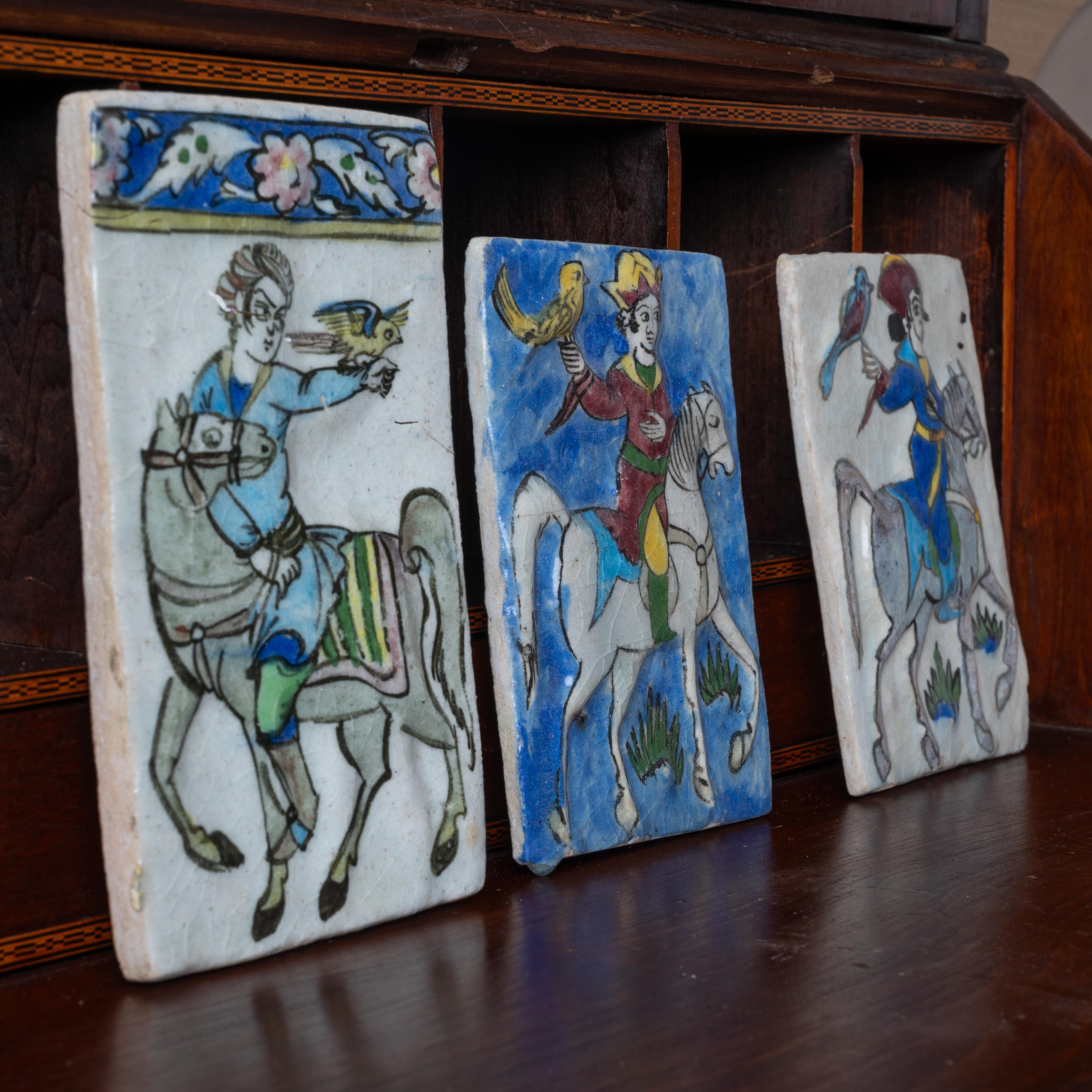 Persian Iznik Qajar Style Ceramic Tiles - set of 3 For Sale