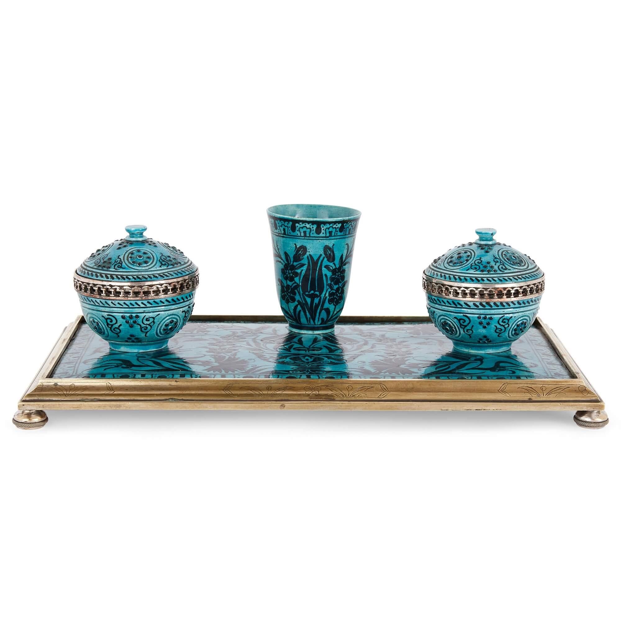 Islamic Iznik-Style Ceramic and Brass-Mounted Ink Stand For Sale