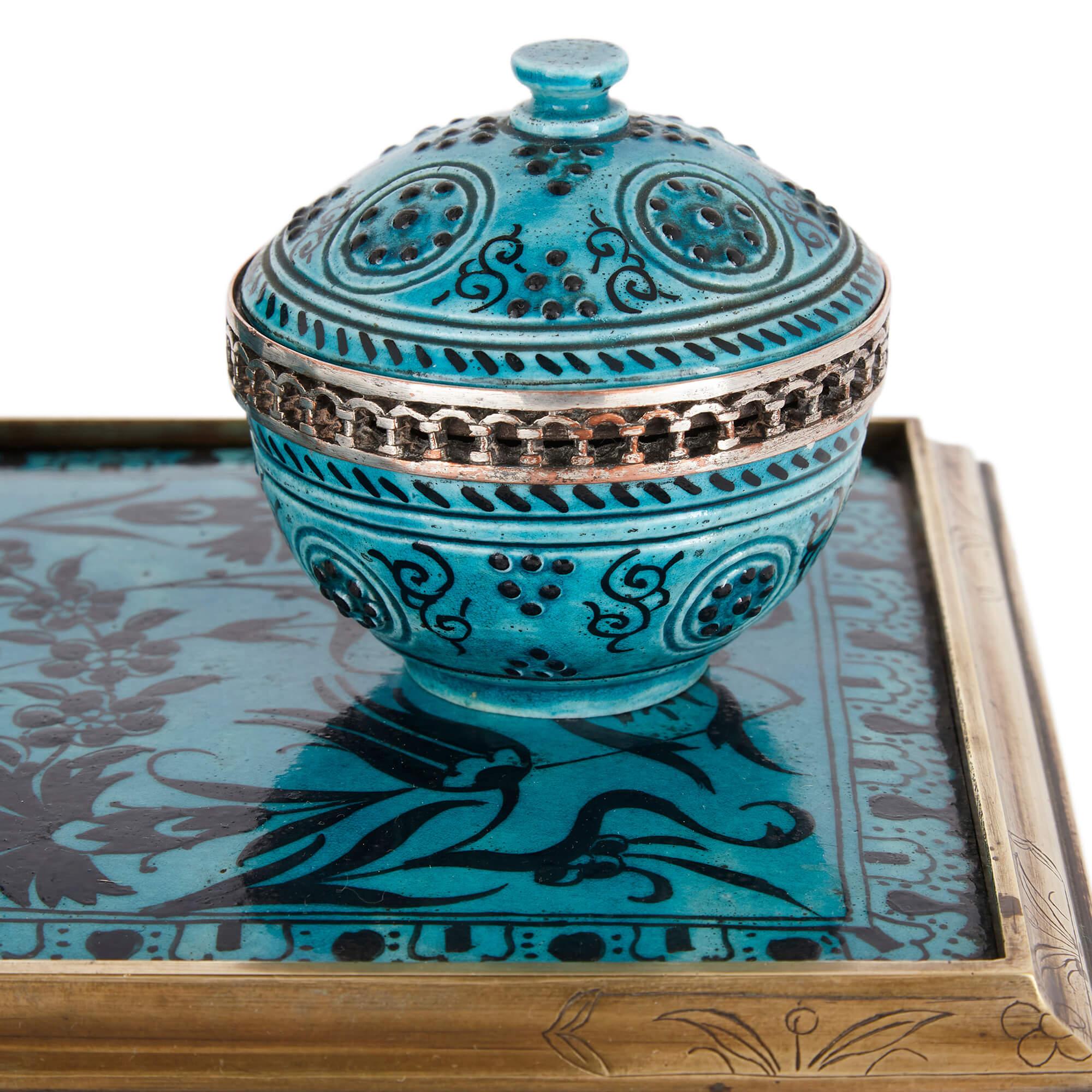 French Iznik-Style Ceramic and Brass-Mounted Ink Stand For Sale