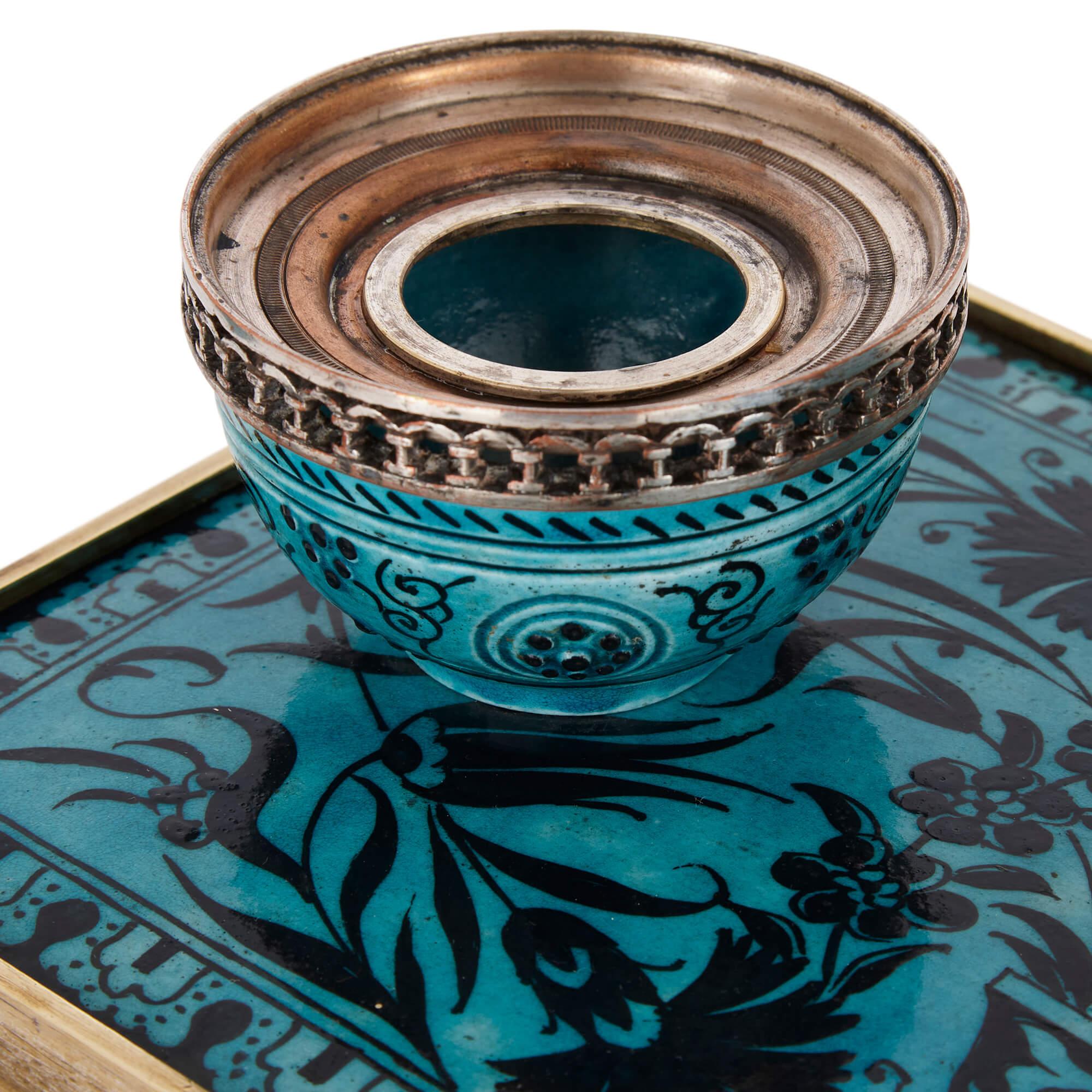 Iznik-Style Ceramic and Brass-Mounted Ink Stand In Good Condition For Sale In London, GB