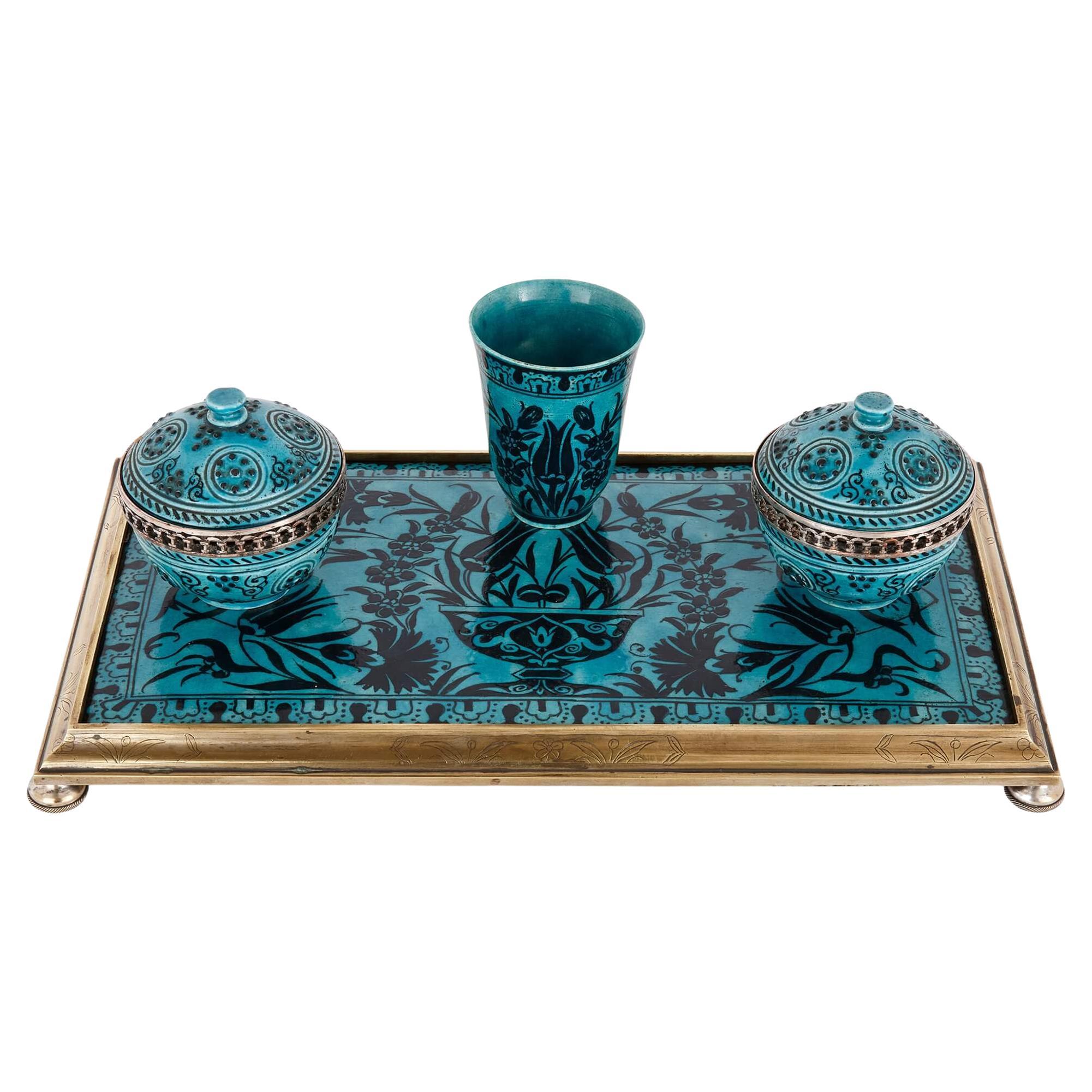 Iznik-Style Ceramic and Brass-Mounted Ink Stand For Sale