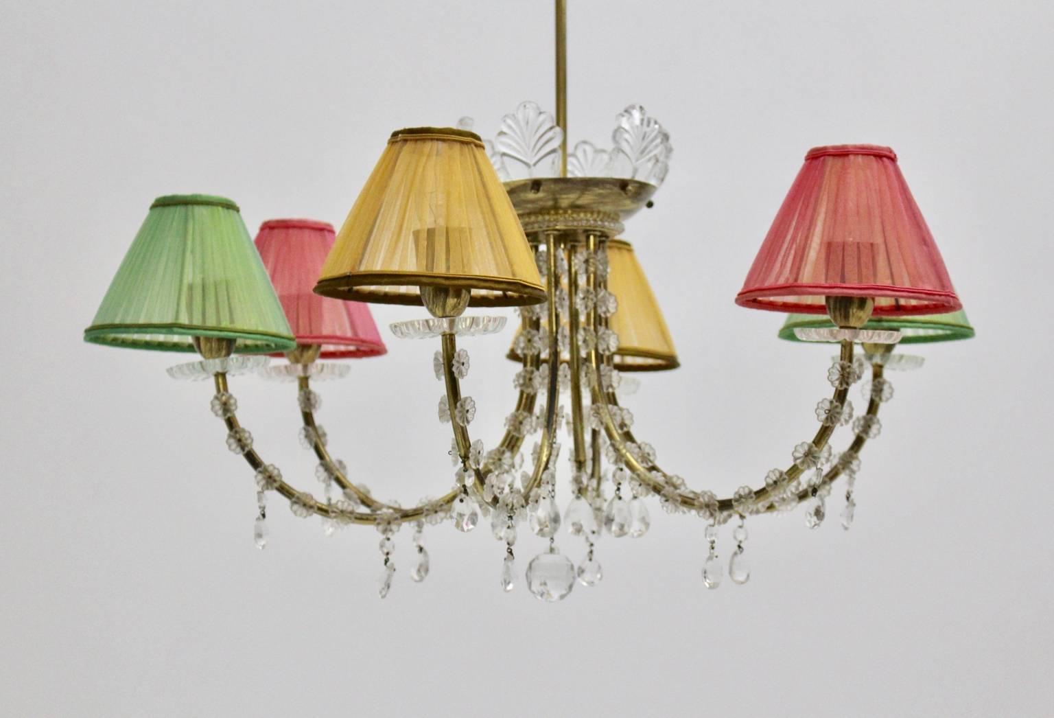 Austrian Midcentury Modern Vintage Brass Lobmeyr Crystal Chandelier Austria circa 1945 For Sale