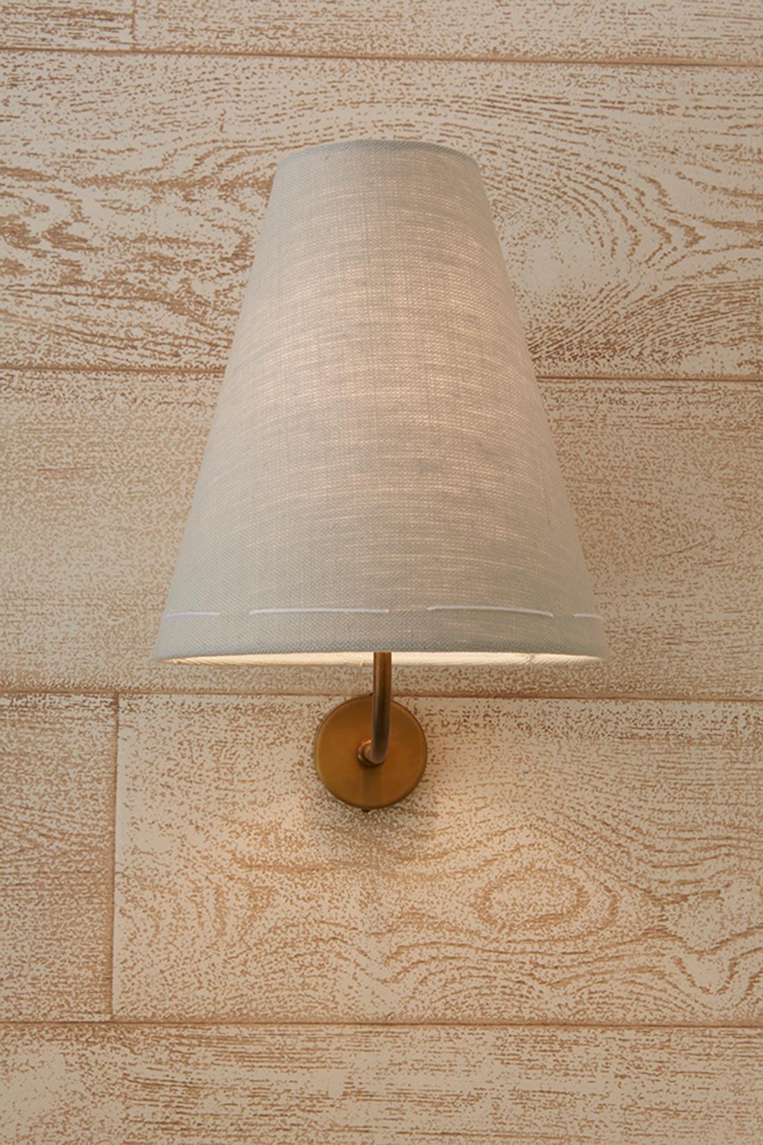 Patinated J160 Minimal Rustic Stitched Belgian Linen & Aged Brass Sconce by Wende Reid For Sale
