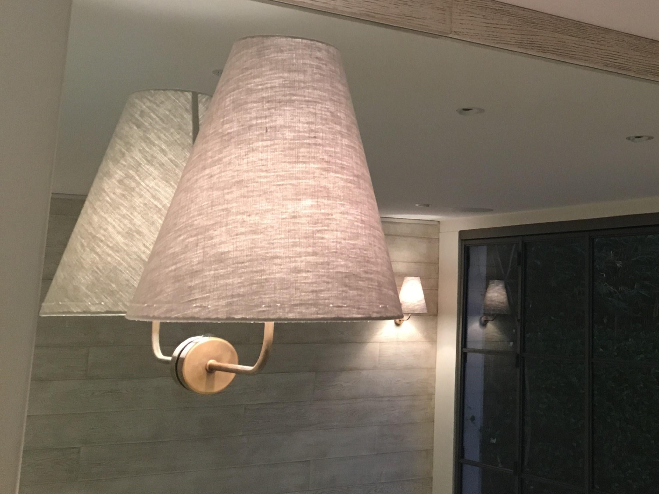 Hand-Crafted J260 Large Rustic Aged Brass & Stitched Belgian LInen Sconce Pair by Wende Reid For Sale
