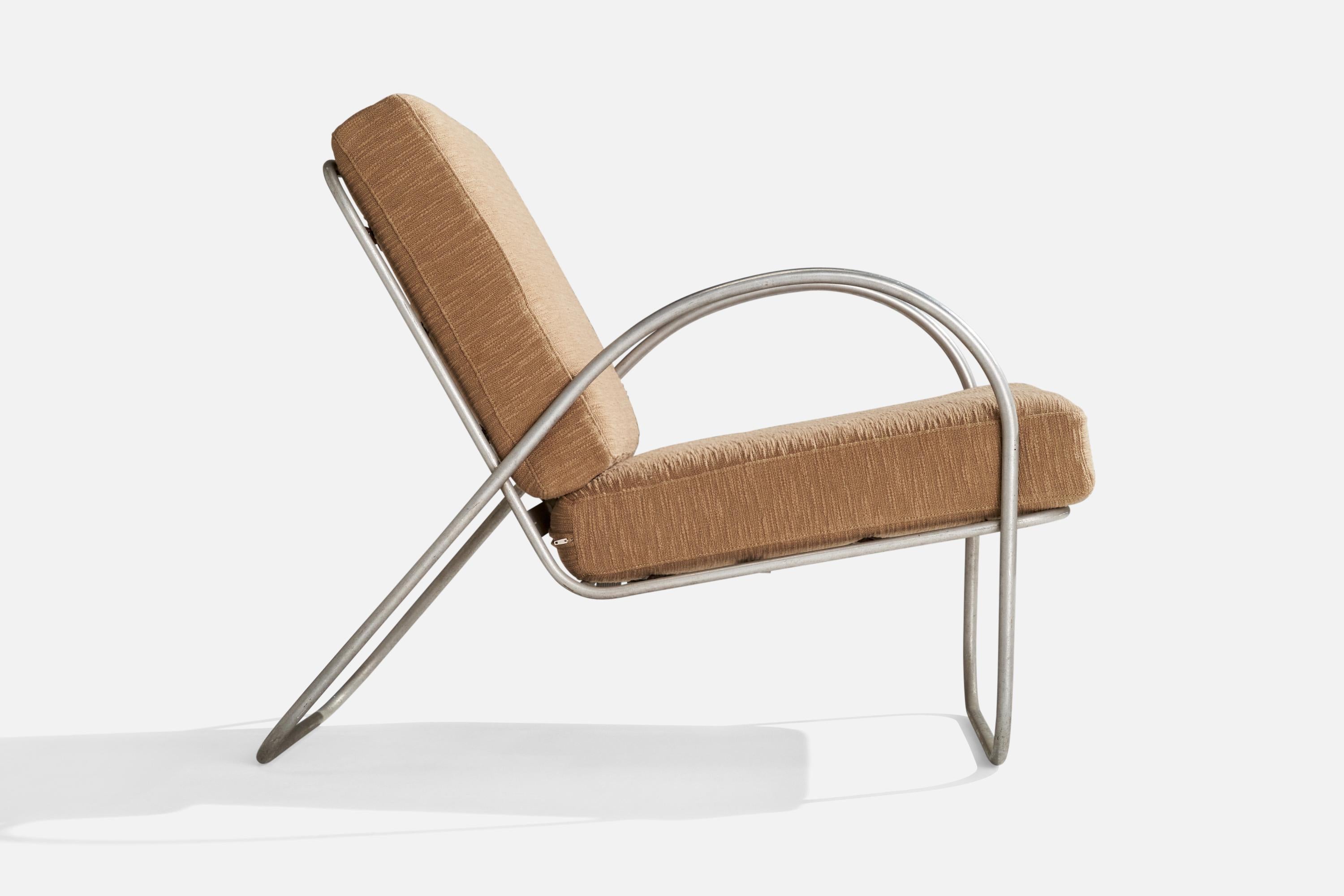 Acciaio J. A. Bozung, Sedia da salotto, acciaio tubolare, tessuto, USA, anni '40 in vendita