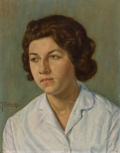 J. Delarge - Óleo de mediados del siglo XX, Mujer con blusa de cuello