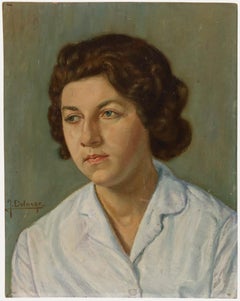 J. Delarge - Óleo de mediados del siglo XX, Mujer con blusa de cuello