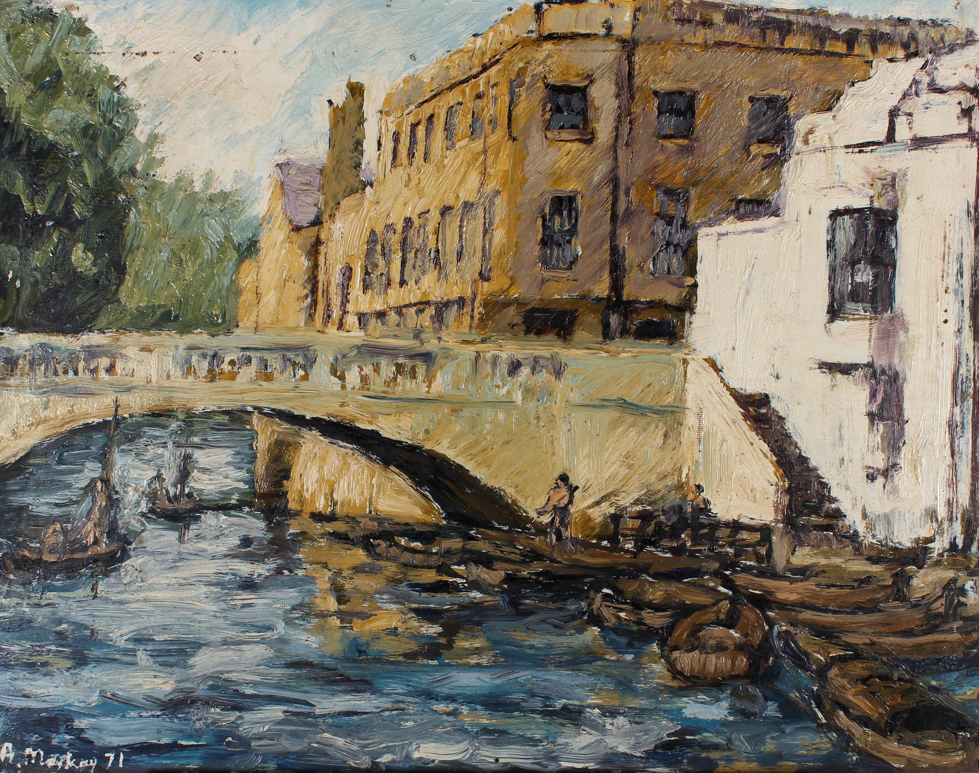 A expressive and gestural Venice scene, depicting an arched town bridge with steps leading down to a river transport dock, with parked gondolas. Signed and dated to the lower left. On board.