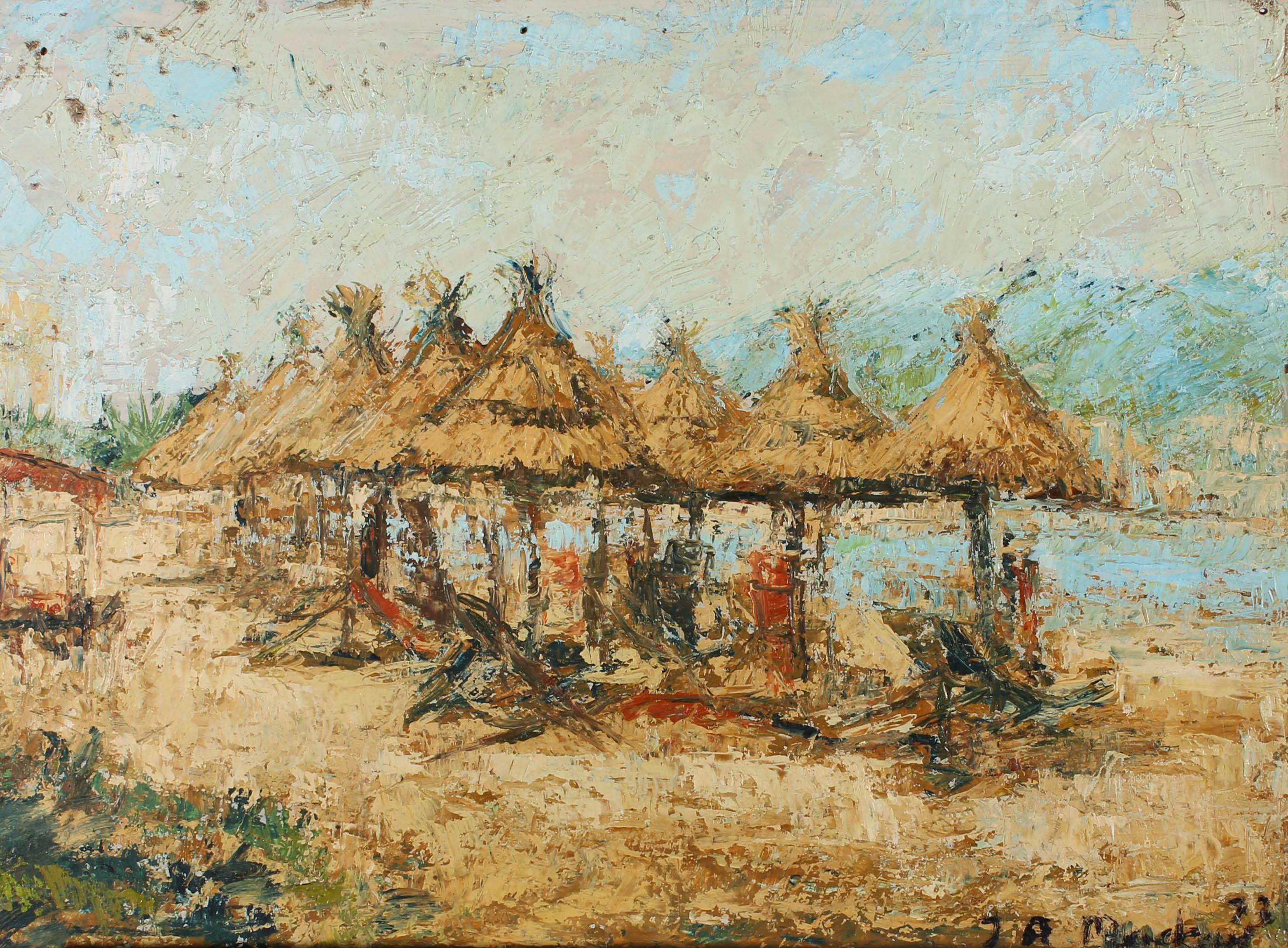 This impressionist beach scene depicts a row of wooden sun loungers and grass parasols, lined outer along a sandy tropical shoreline. Painted in an impasto manner by artist J A Mackay. Signed and dated to the lower right. On board.