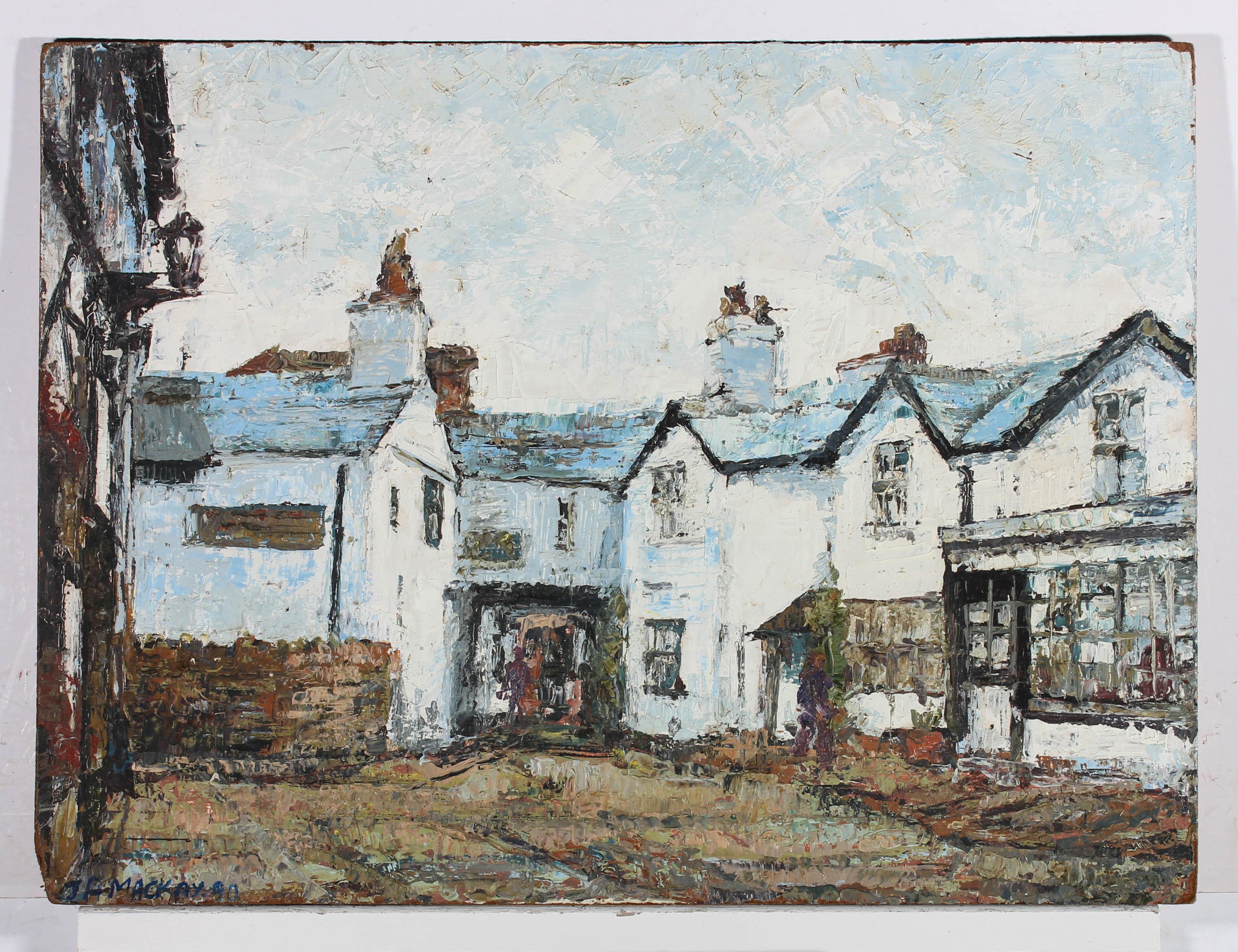 A striking impasto scene depicting a historical town courtyard and white painted, stone buildings by J A Mackay. Signed to the lower left-hand corner. On board.
