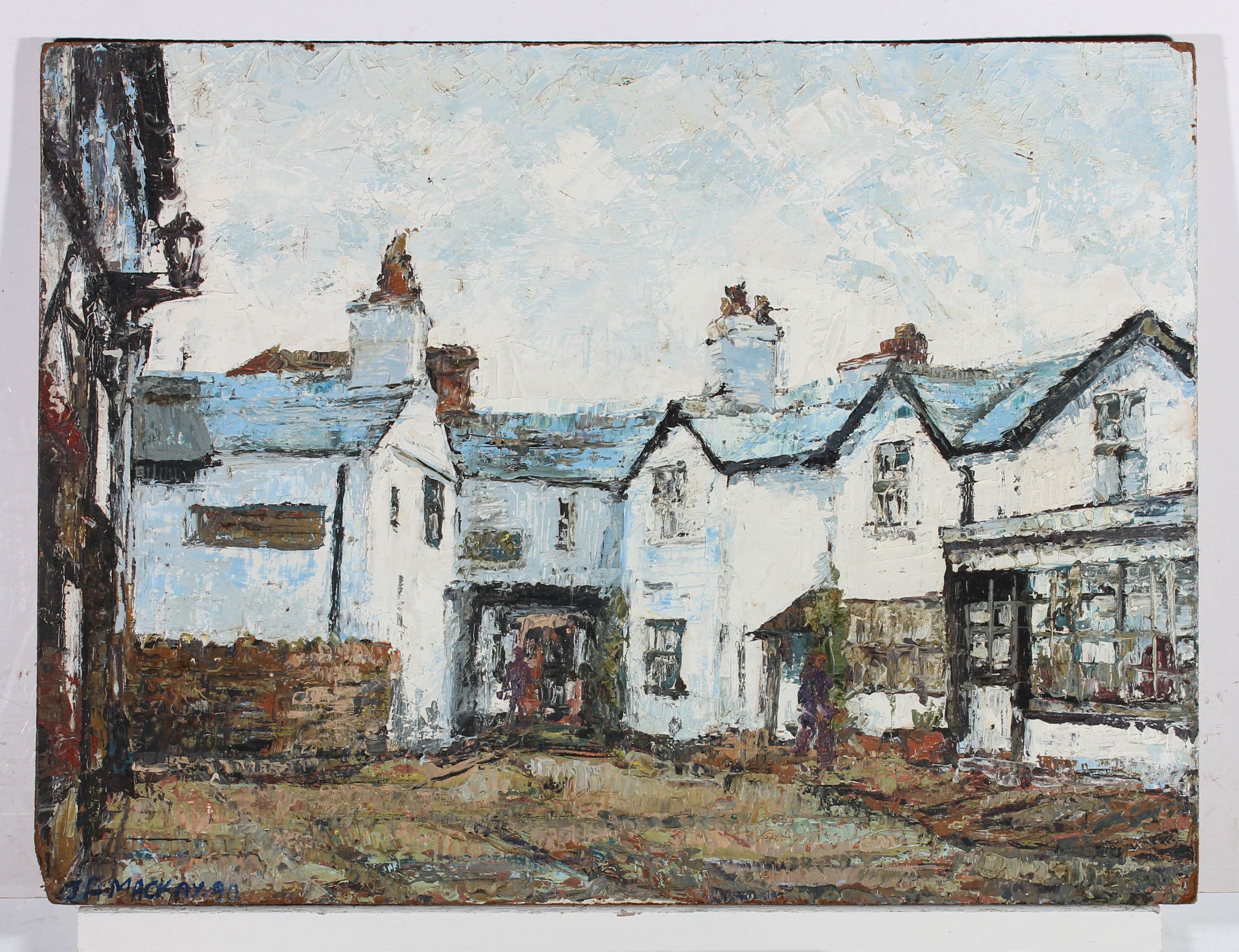 J A MacKay - 1980 Oil, The Old Town Courtyard - Gray Landscape Painting by J A Mackay