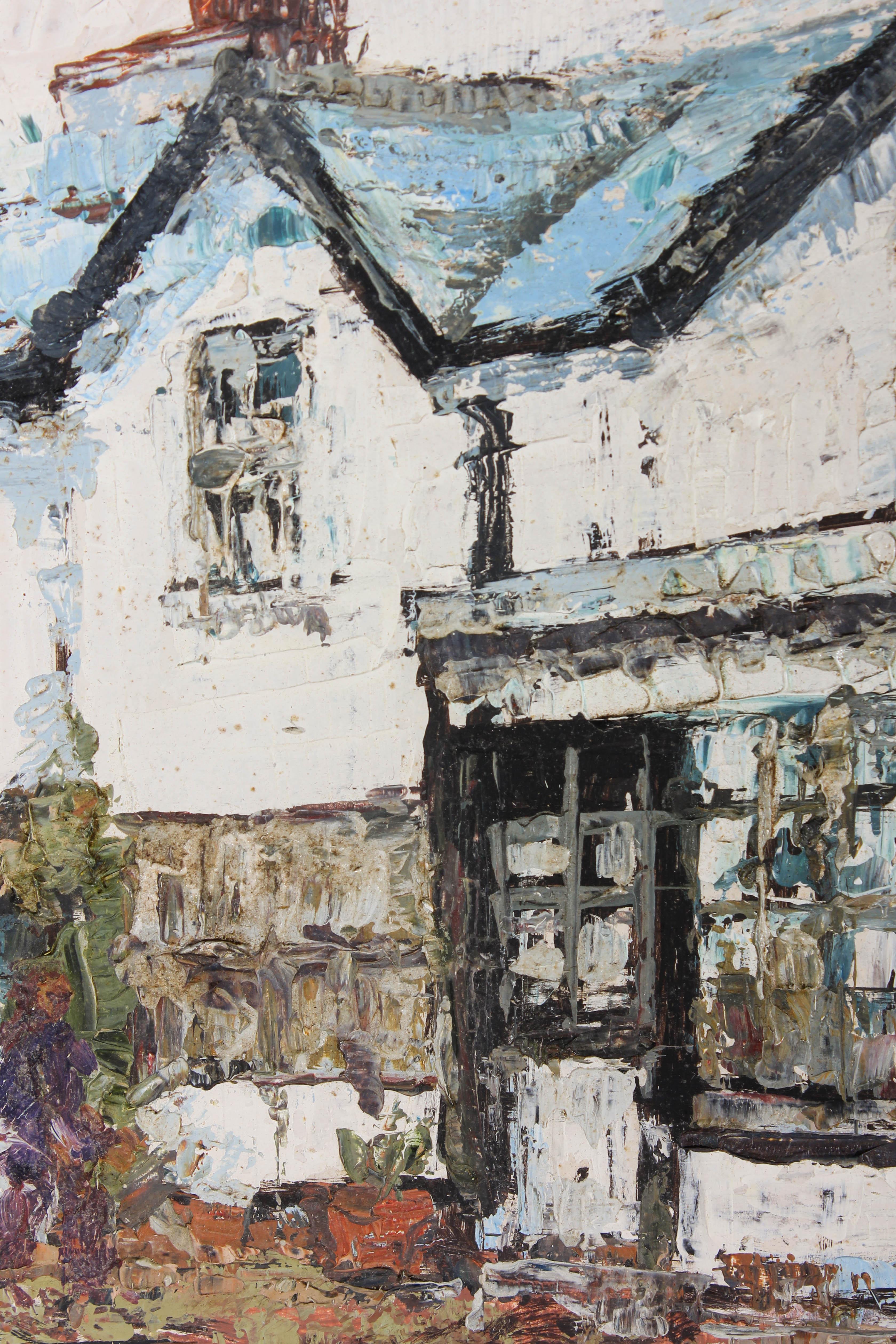 A striking impasto scene depicting a historical town courtyard and white painted, stone buildings by J A Mackay. Signed to the lower left-hand corner. On board.