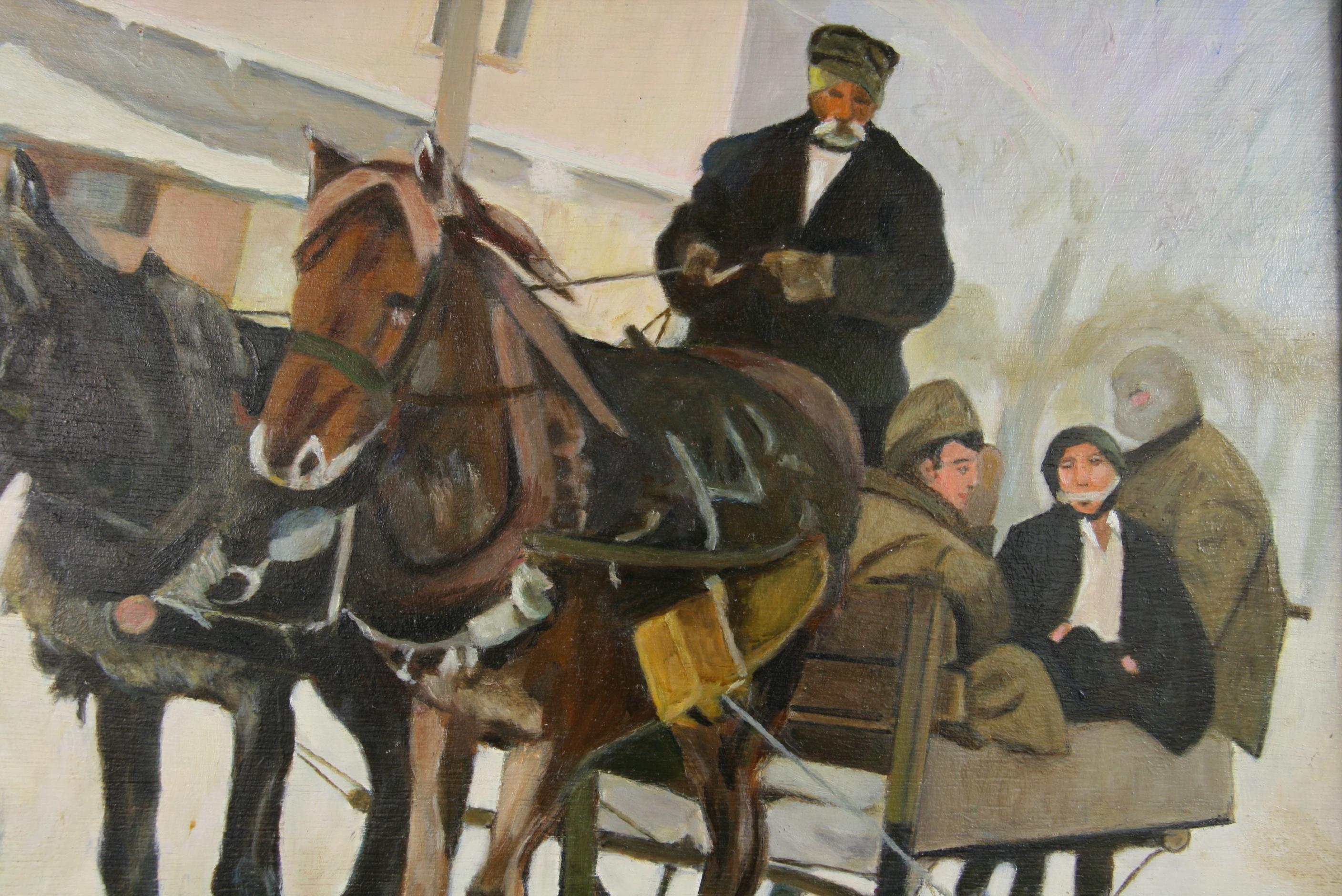  Cadre de traîneau figuratif de paysage avec cheval drapé  - Painting de J.A. Waine
