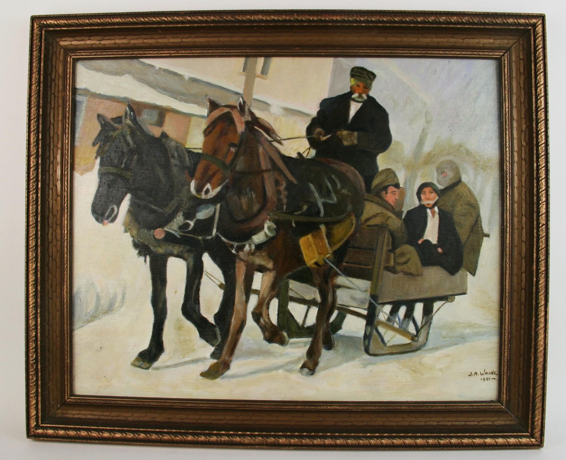 Figurative Painting J.A. Waine -  Cadre de traîneau figuratif de paysage avec cheval drapé 