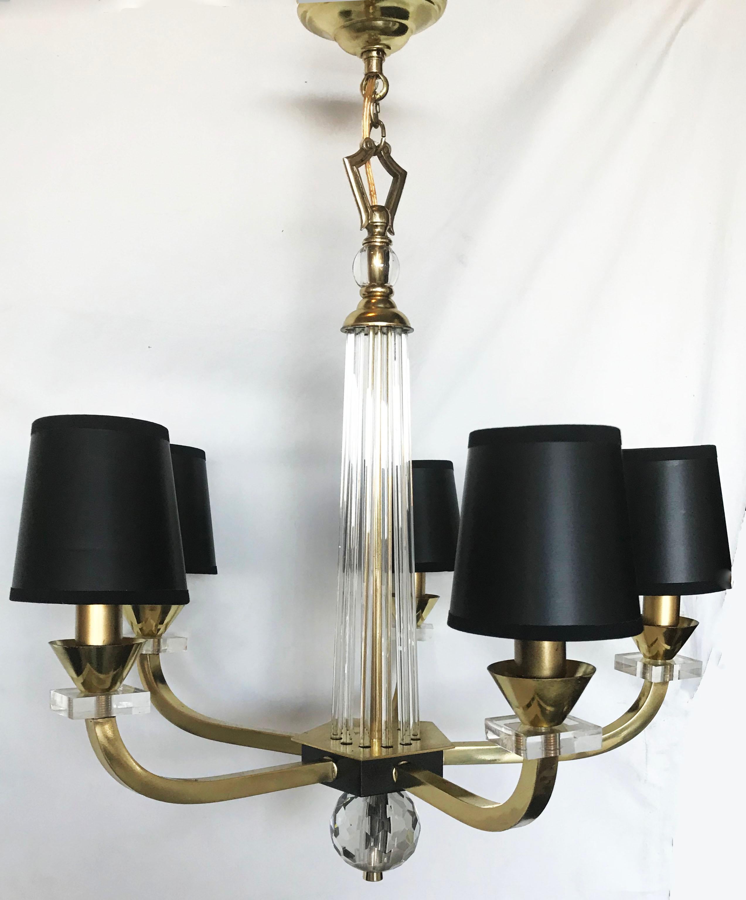 Superb J Adnet chandelier, brass and glass rods
Pair available, priced individually.
5 lights, 40 watts max bulb.
US rewired and in working condition.
 