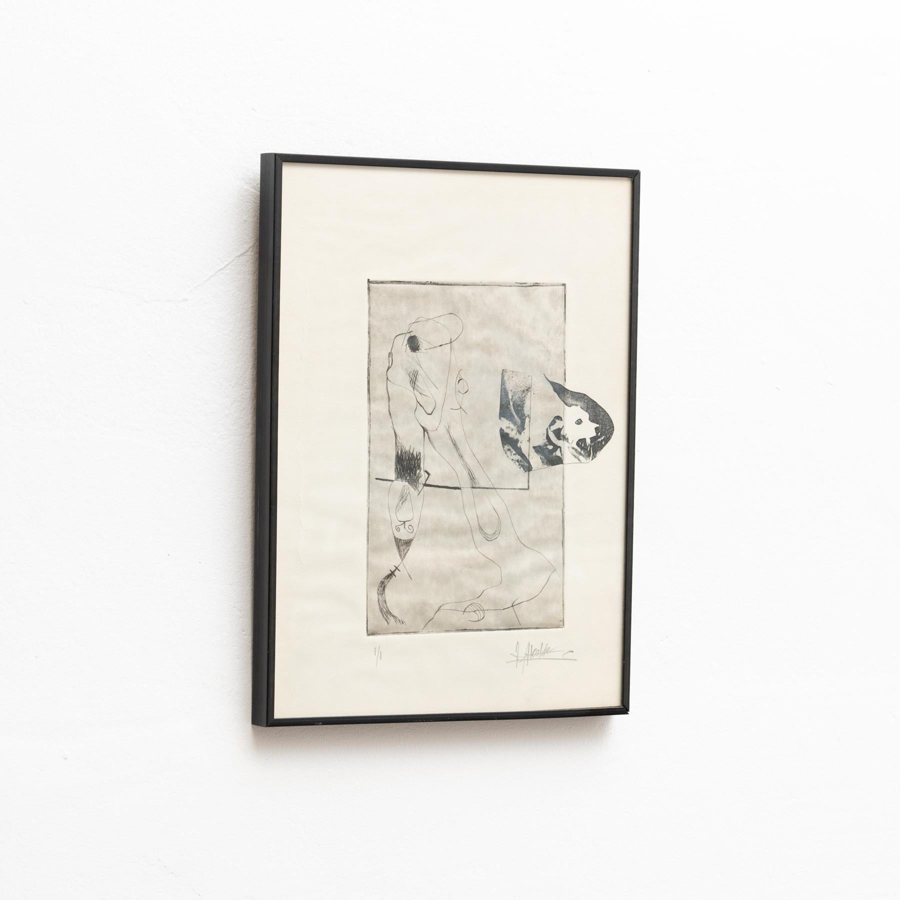 Spagnolo J. Opera d'arte incorniciata di Alcalde, 1950 circa in vendita