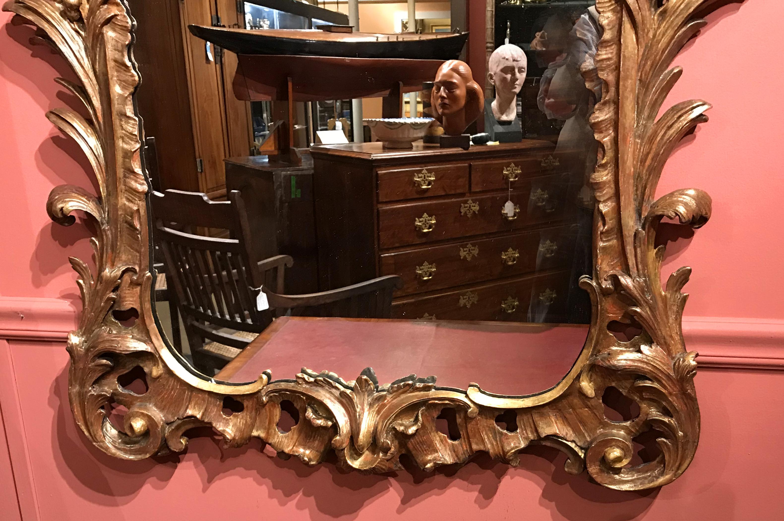J. Alden Weir's 18th Century Polychrome English Giltwood Rococo Mirror In Good Condition In Milford, NH