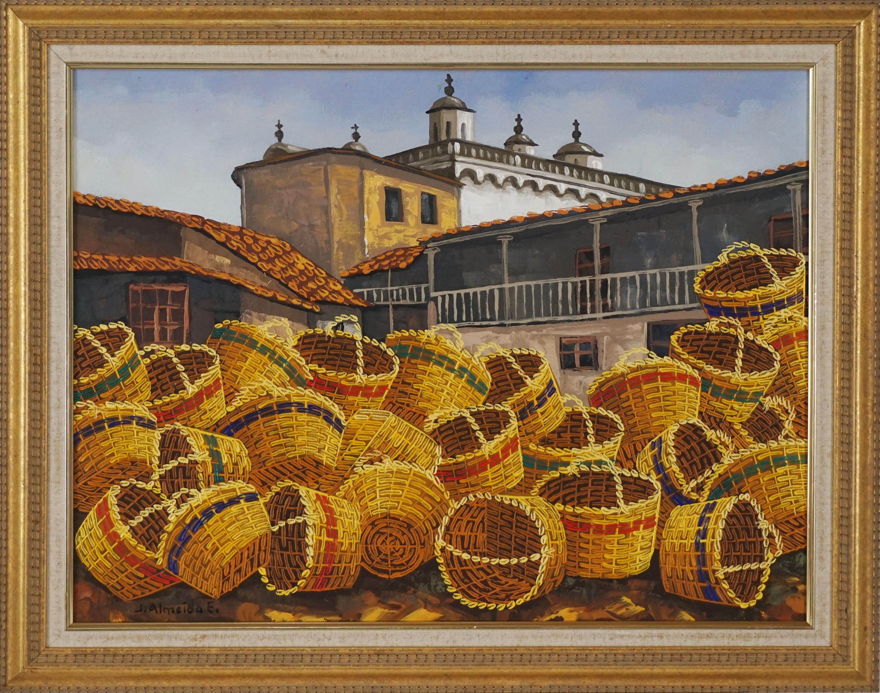 Market Baskets in Old Town - Painting by J Almeida E