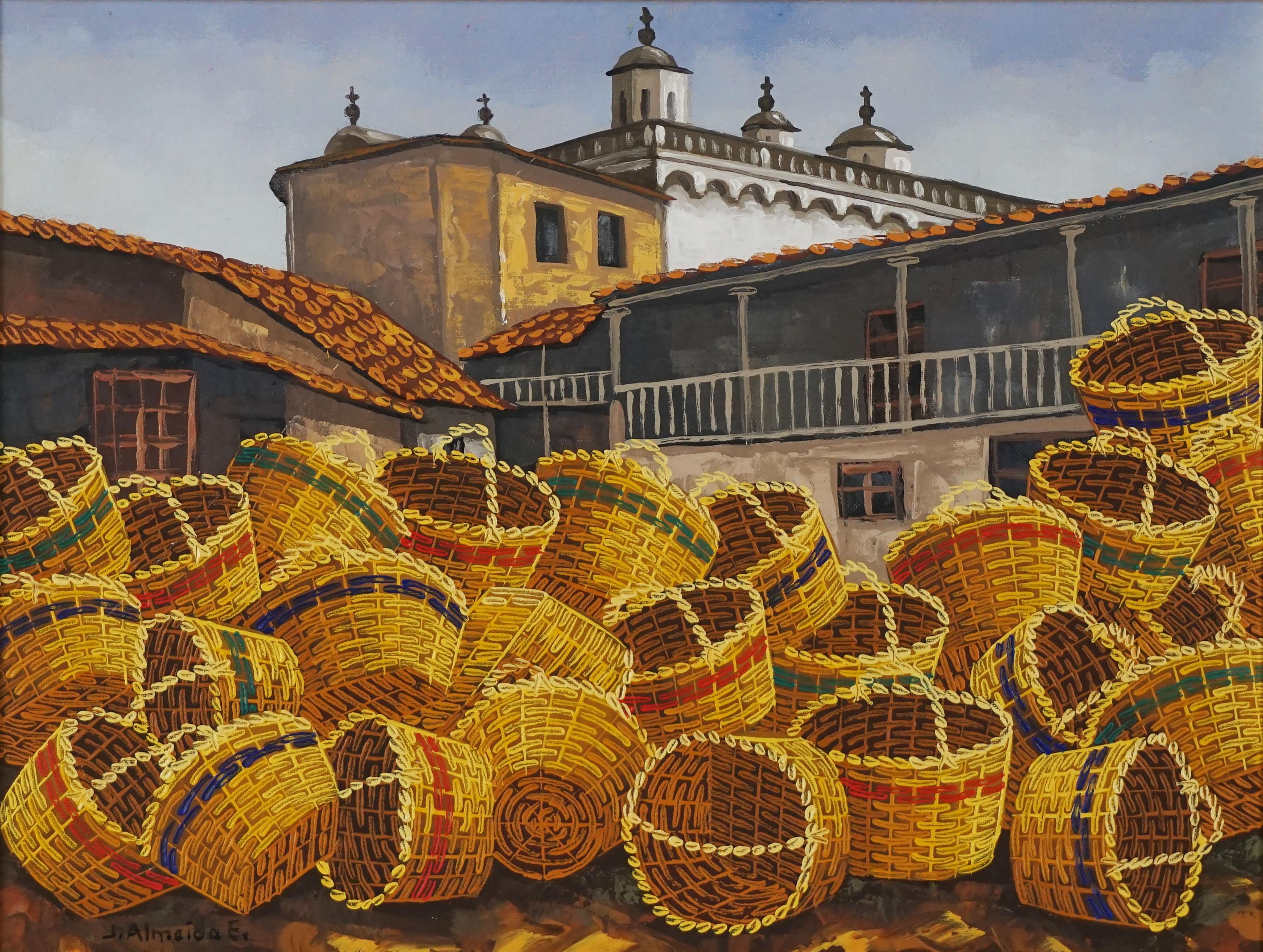 Market Baskets in Old Town - Impressionist Painting by J Almeida E