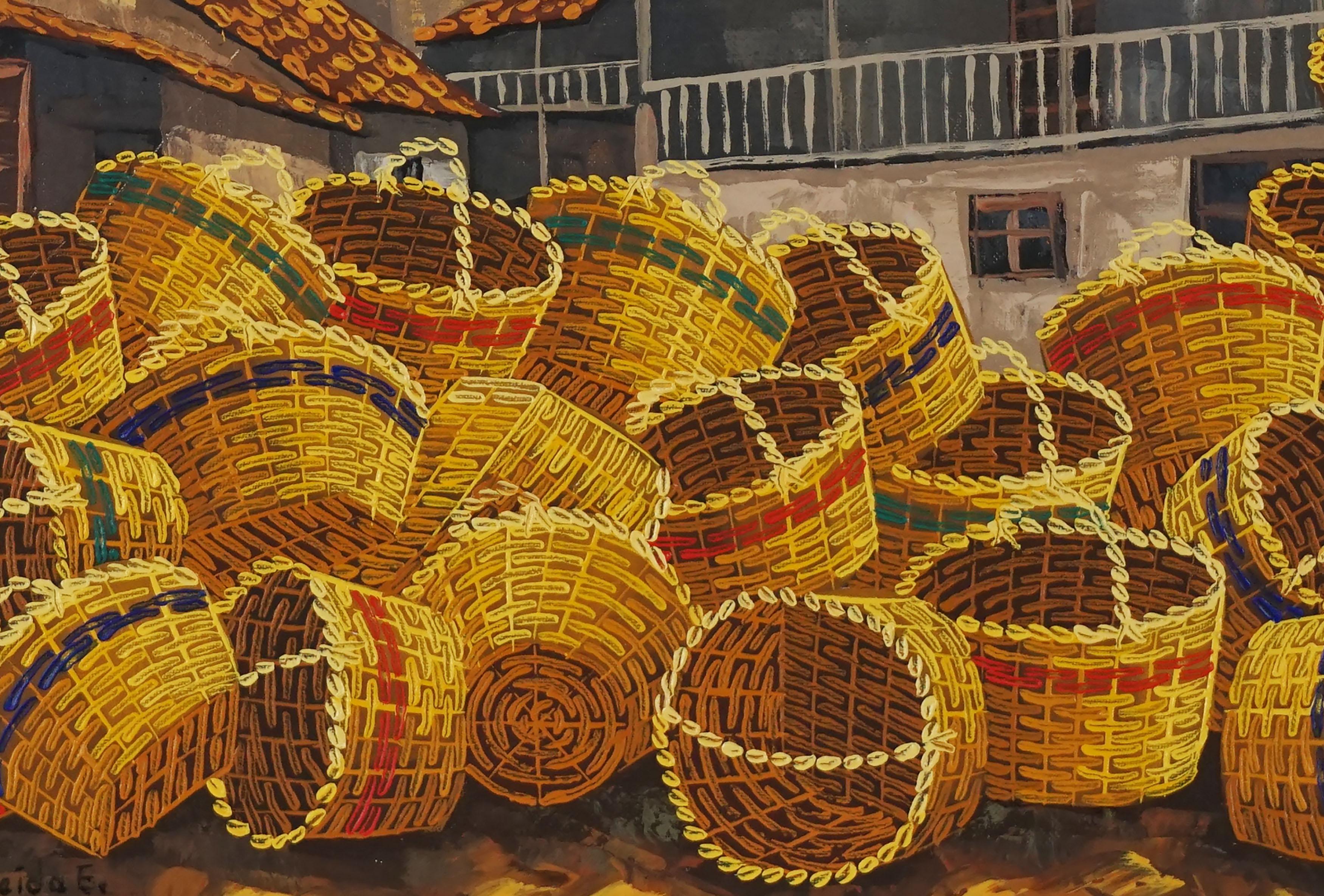 Market Baskets in Old Town - Brown Landscape Painting by J Almeida E
