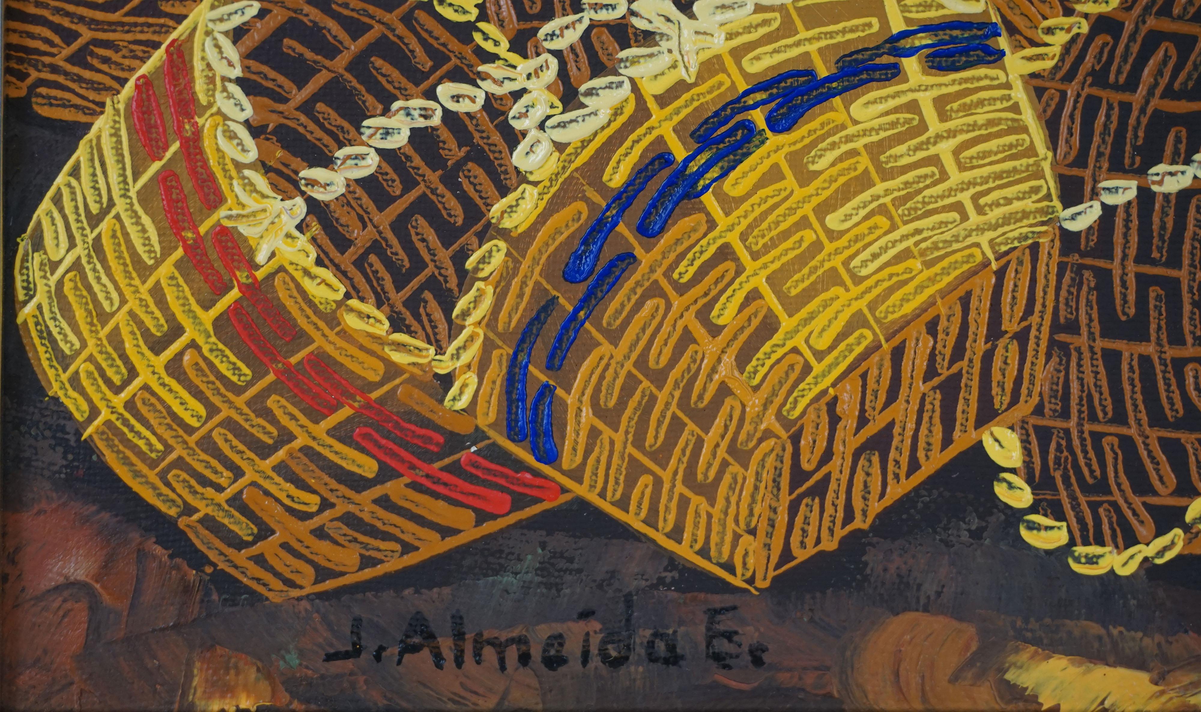 Wonderful painting of golden striped market baskets being sold in old town square by J. Almeida E (Mexican, 20th Century), circa 1990. Signed lower left. Presented in gilt-toned wood frame with linen liner. Condition: excellent; linen liner on frame