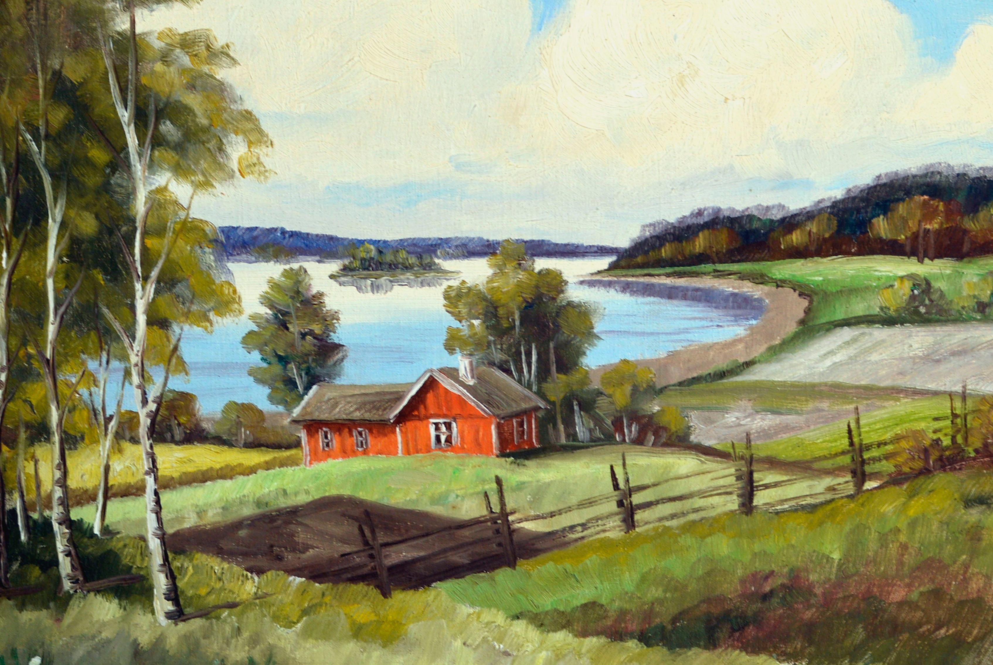 Paisaje fluvial y agrícola de mediados de siglo en óleo sobre lienzo estirado sobre tabla - Painting moderno estadounidense de J. Anderson