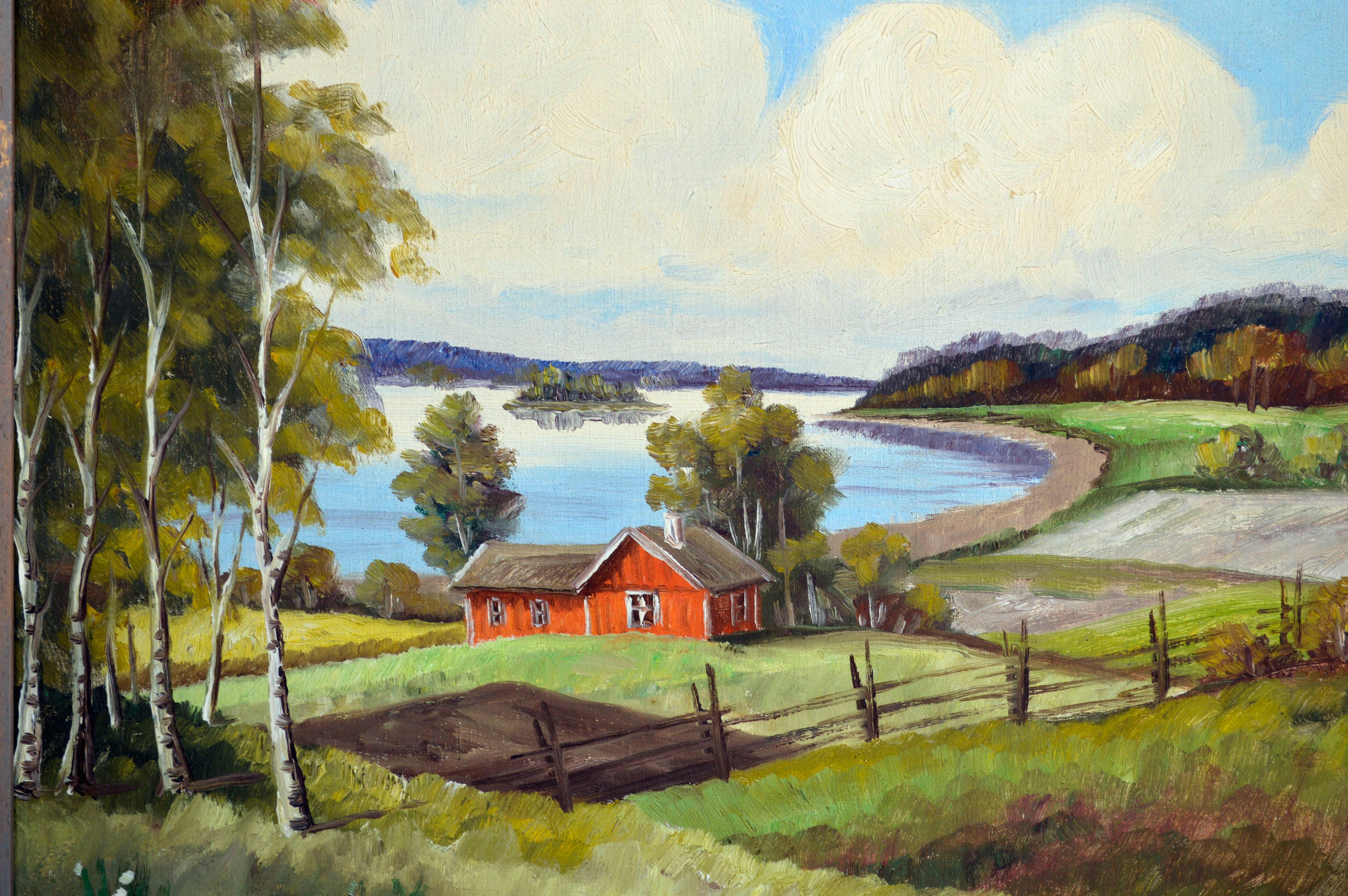 Paisaje fluvial y agrícola de mediados de siglo en óleo sobre lienzo estirado sobre tabla - Landscape Painting Marrón de J. Anderson