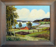 Mid Century River & Farm Landscape in Oil on Canvas Stretched Over Board
