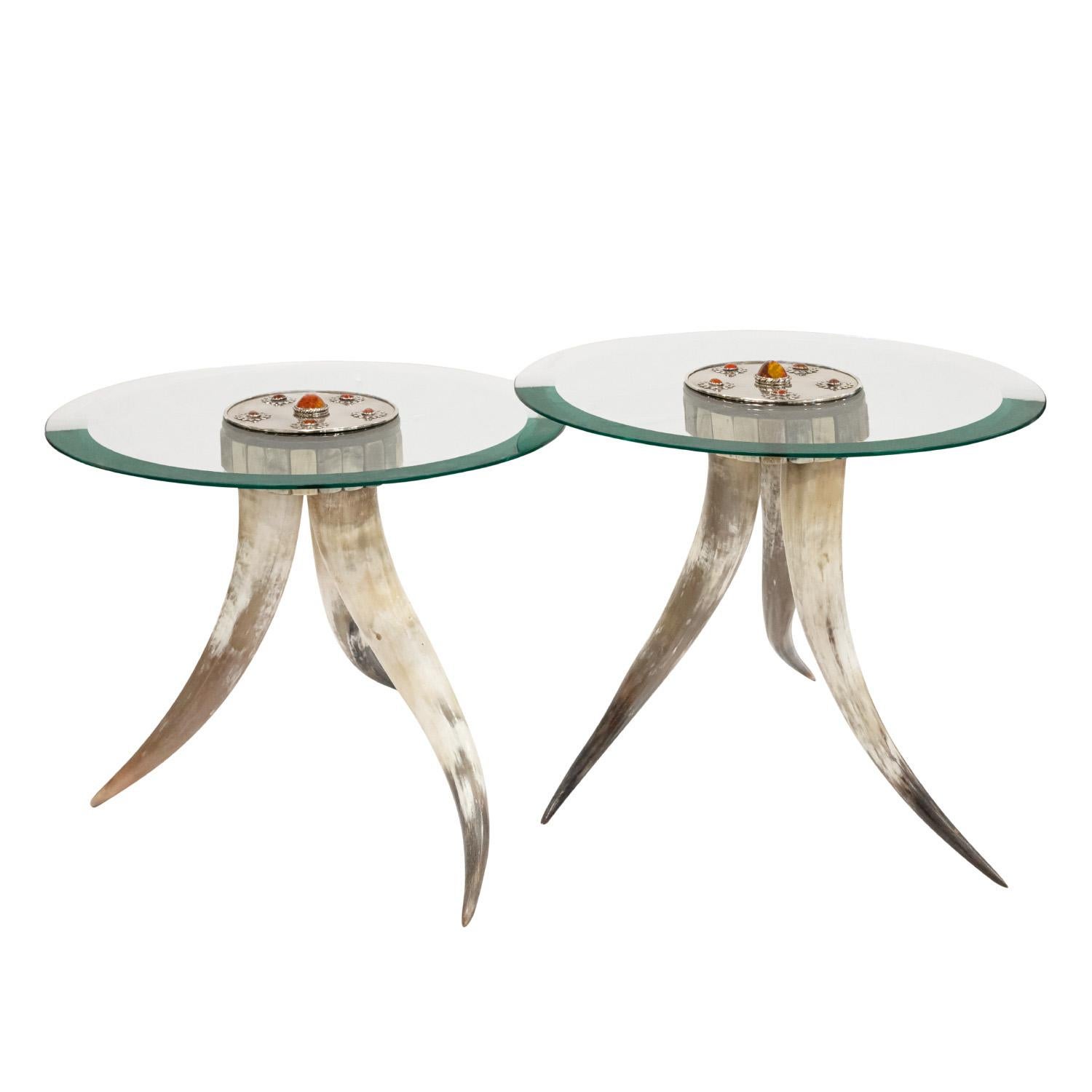 Pair of rare and unique occasional tables with horns, beveled glass, nickel silver and polished jasper by J. Anthony Redmile, London, 1970's (stamped “redmile London” on table top). Redmile was adept at combining superb craftsmanship and exotic