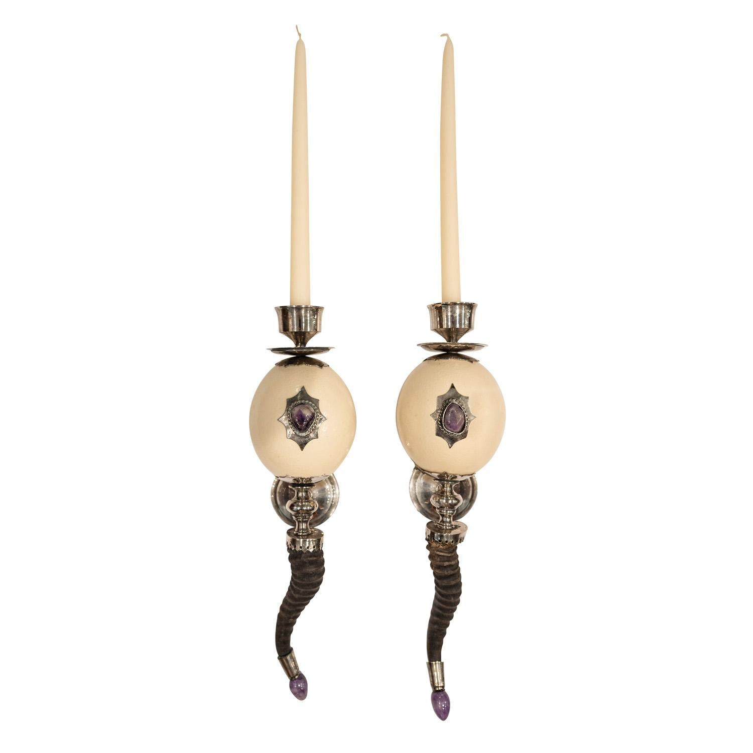 Pair of rare and exceptional sconces in silver with ostrich eggs, amethysts, and animal horns by J. Anthony Redmile, England 1970's (signed in metal 