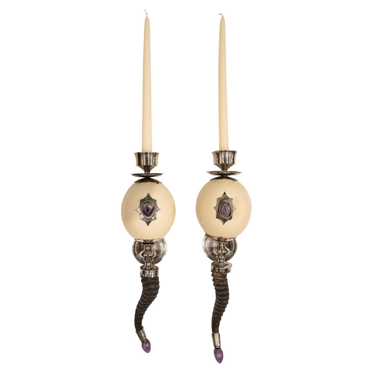 J. Anthony Redmile Pair of Rare Ostrich Egg Wall Sconces 1970s 'Signed' For Sale