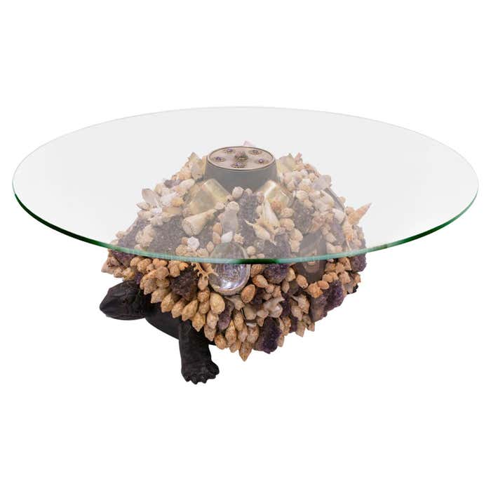 Rustic Turtle Table J. Antony Redmile Turtle Coffee Table with Shells and Crystals 1970s ...