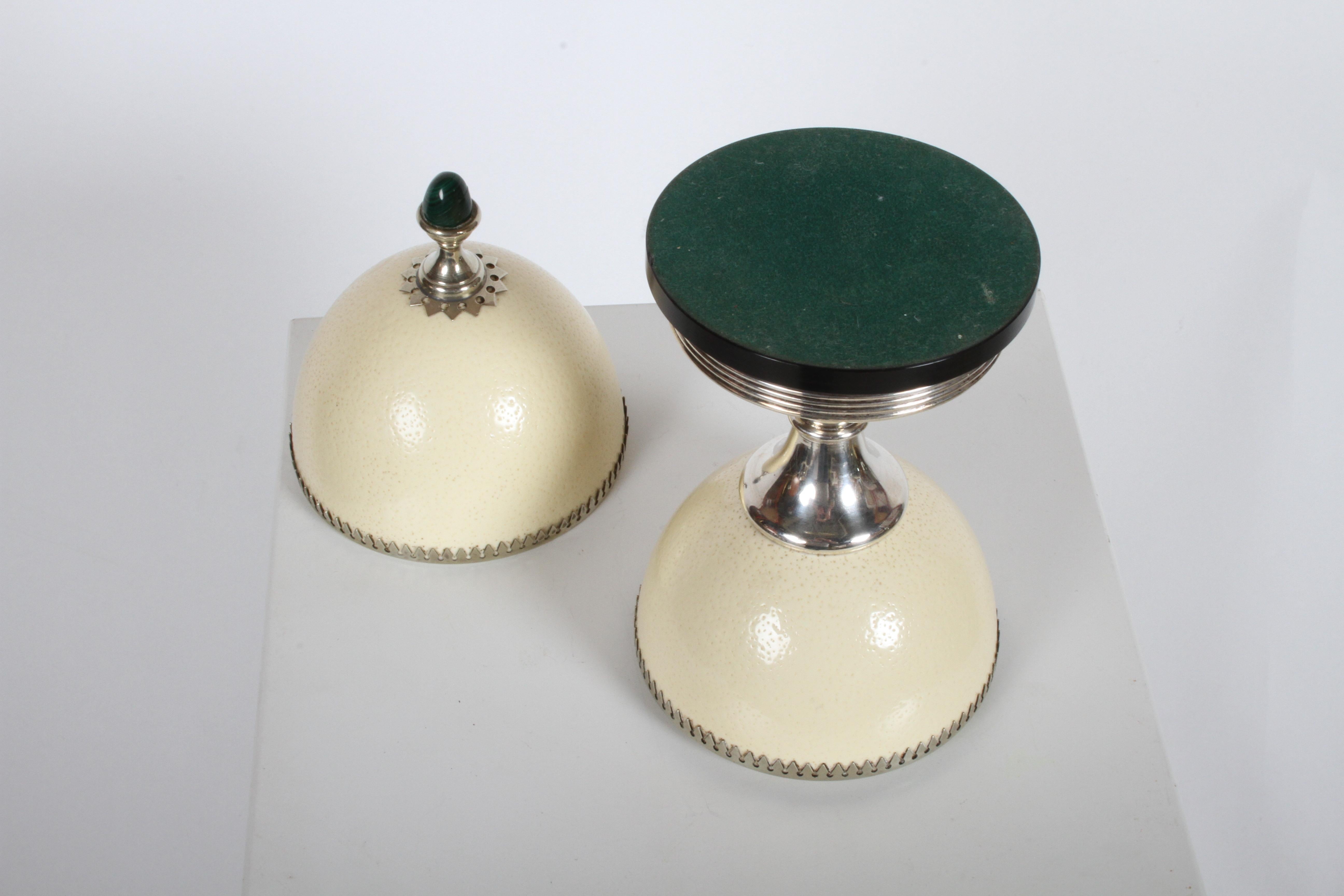 J. Antony Redmile London Ostrich Egg w/ Malachite Finial Silver Plated Box 1970s For Sale 5