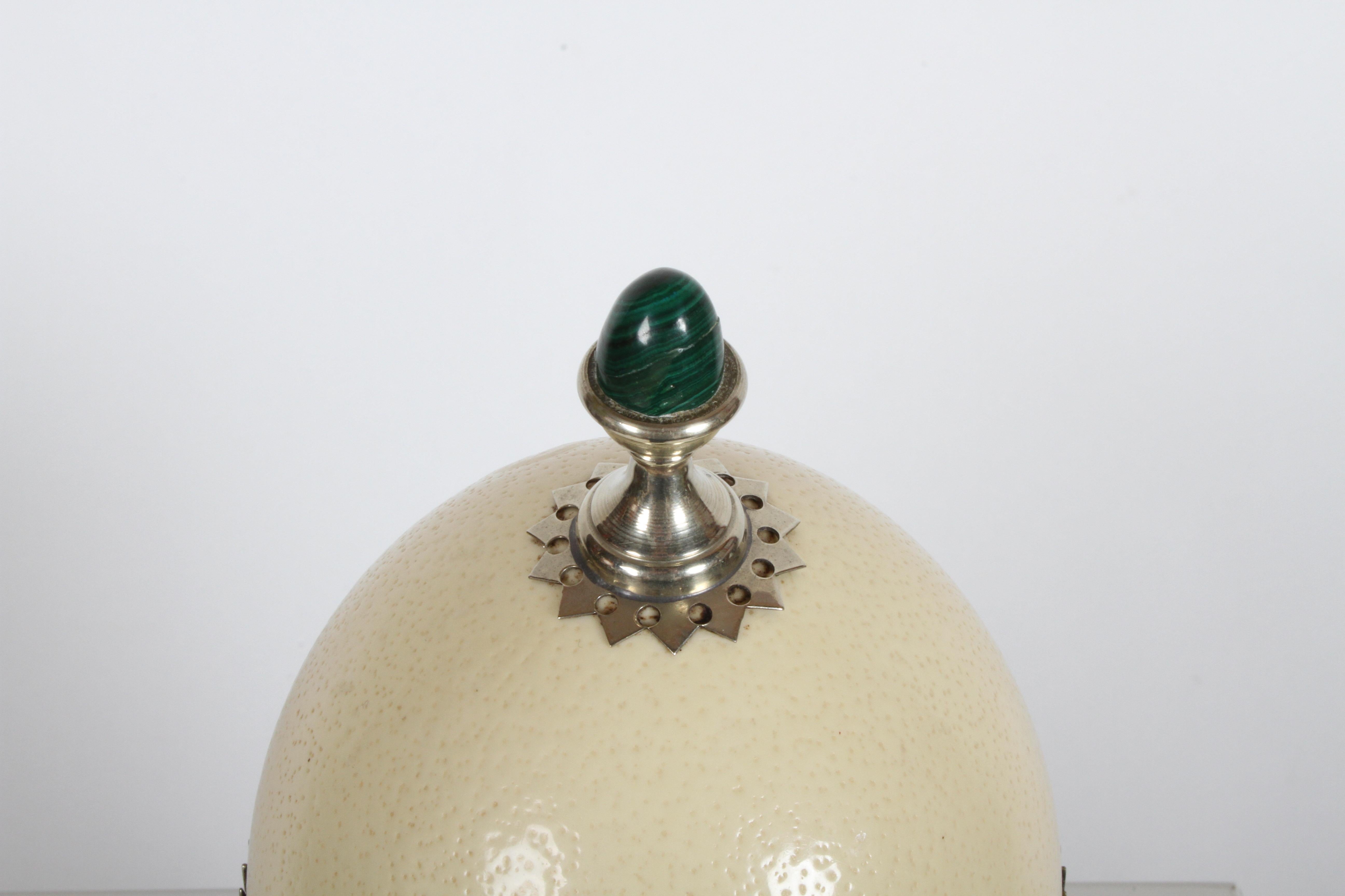 Hollywood Regency J. Antony Redmile London Ostrich Egg w/ Malachite Finial Silver Plated Box 1970s For Sale