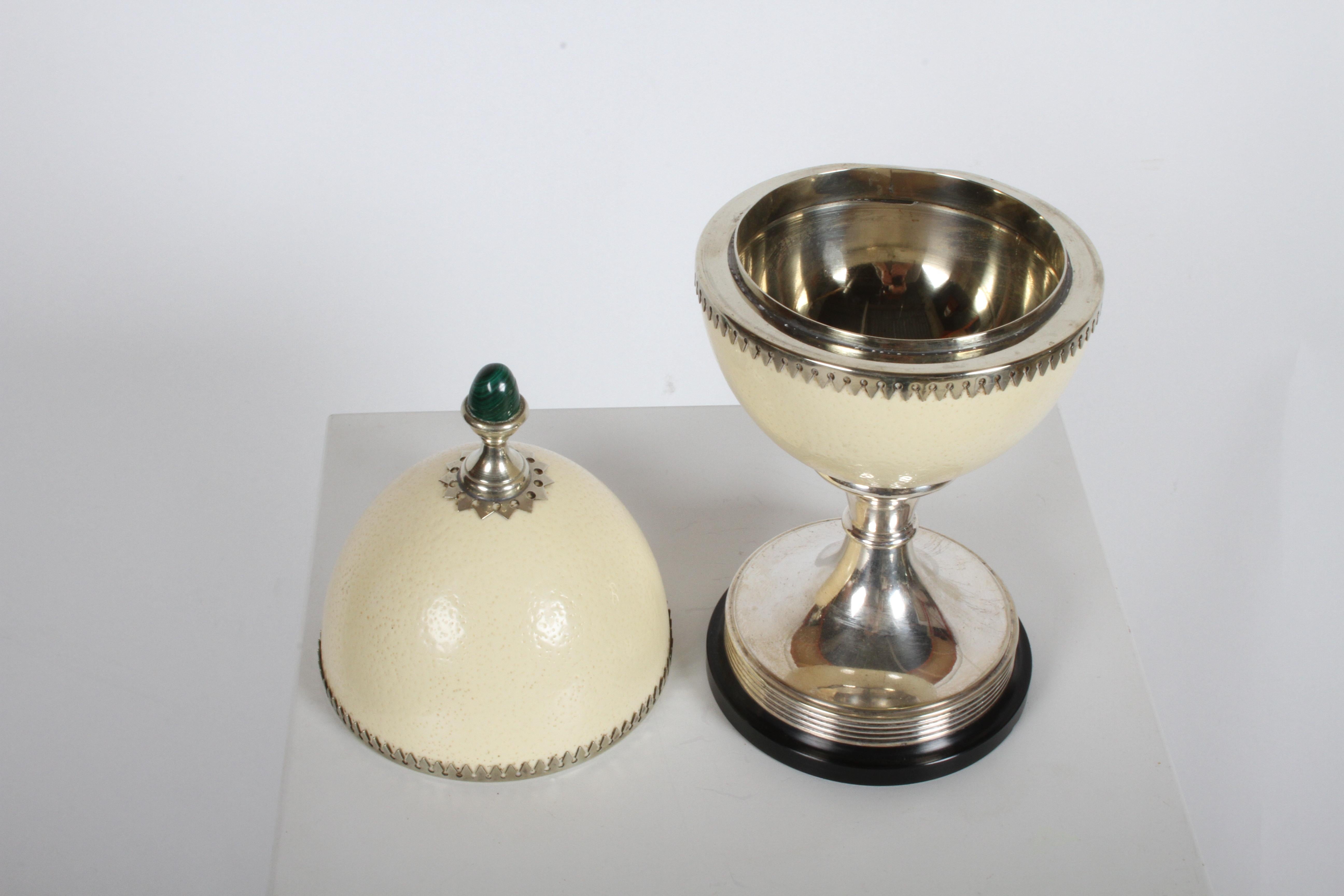J. Antony Redmile London Ostrich Egg w/ Malachite Finial Silver Plated Box 1970s In Good Condition For Sale In St. Louis, MO