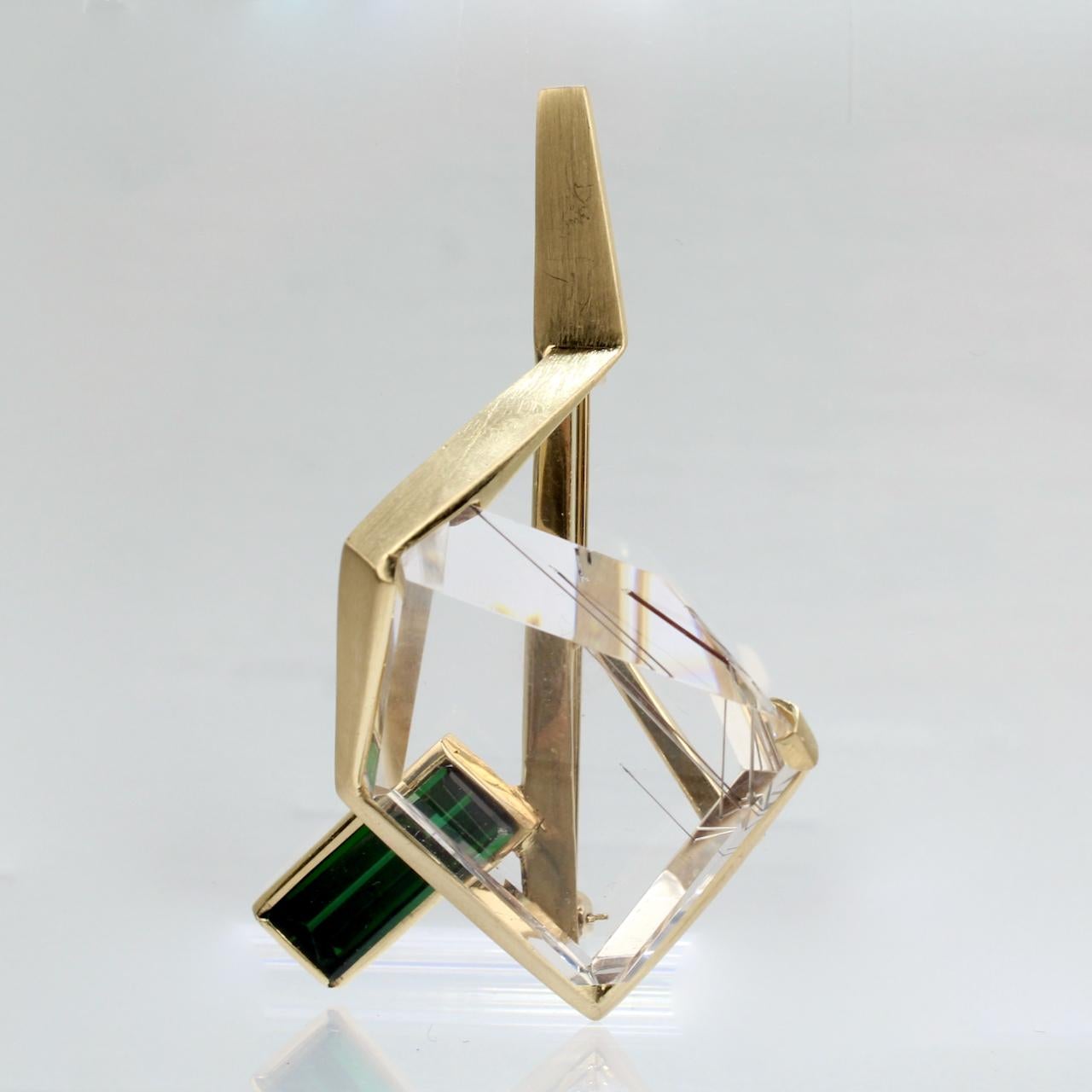 J. Arnold Frew Modernistische Brosche aus 14 Karat Gold, Turmalin und Rutilquarz (Gemischter Schliff)