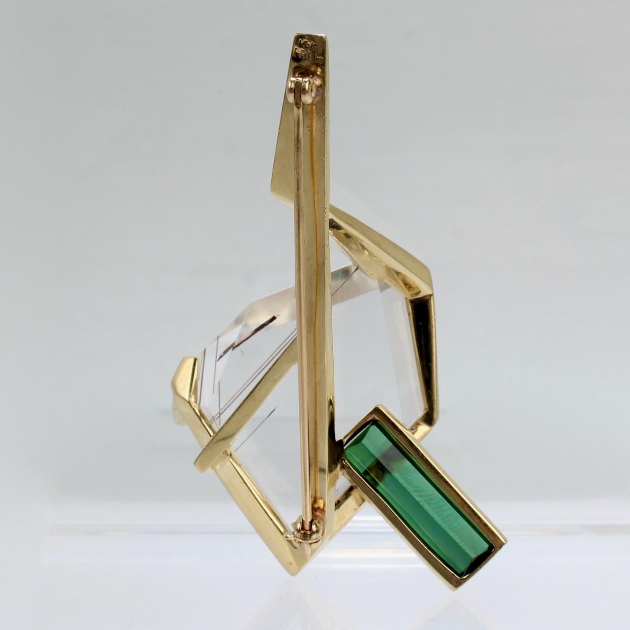 J. Arnold Frew Modernist 14 Karat Gold, Tourmaline, and Rutilated Quartz Brooch In Good Condition For Sale In Philadelphia, PA