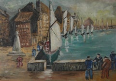 J. B.  Ölgemälde, Französischer Hafen, Mitte des 20. Jahrhunderts
