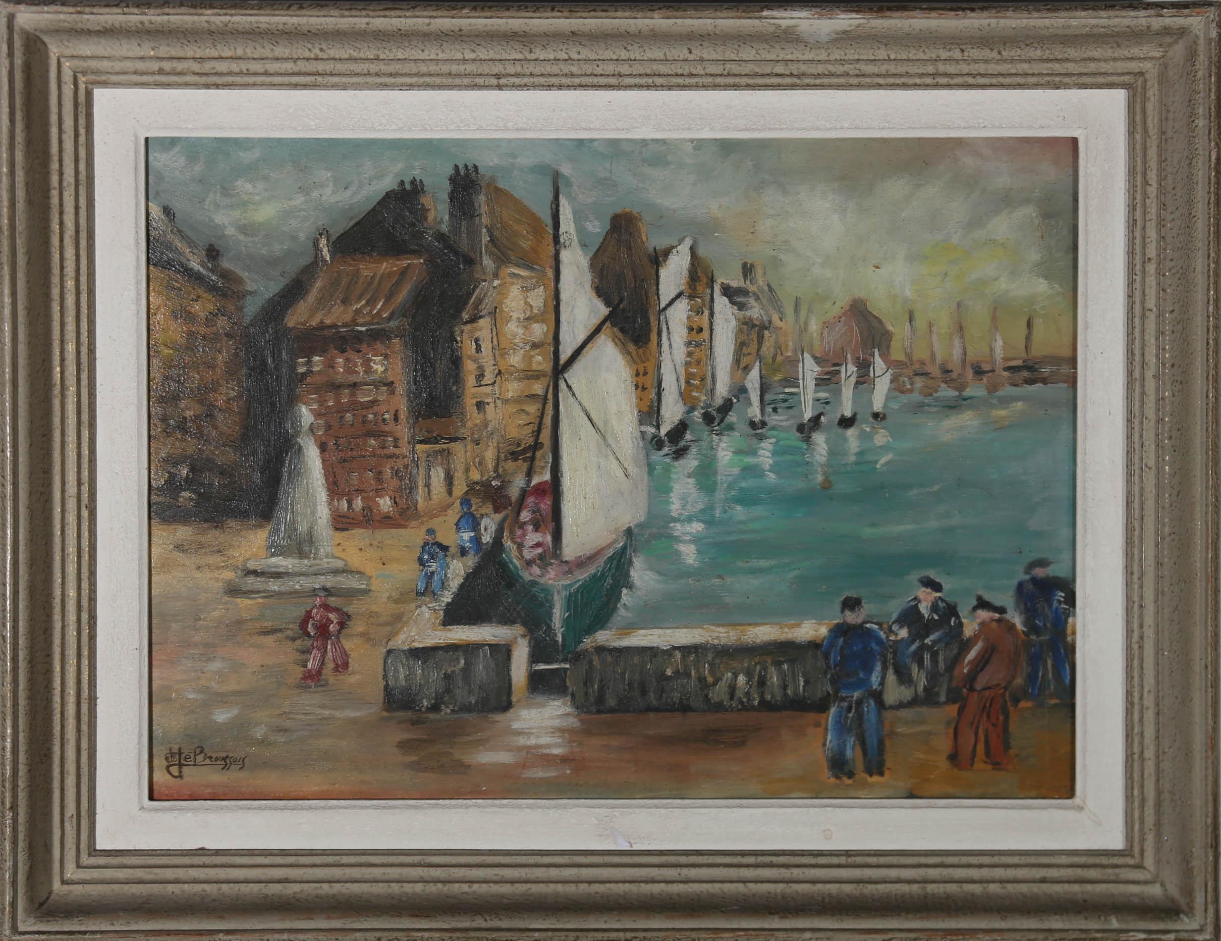 A delightful scene depicting sailboats making their way into a harbour at a French portside town. Painted in an impressionist style using gestural brushwork to capture the scene. Signed with a monogram and illegible full signature to the lower left.