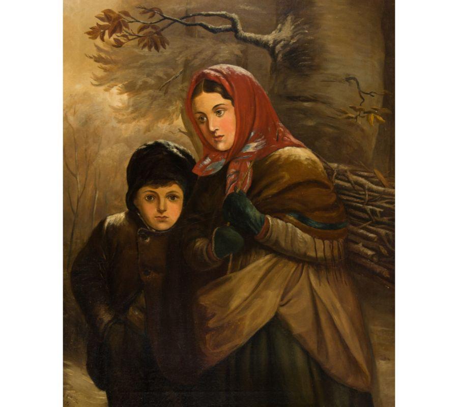 An exquisite late Victorian study of a young boy and girl huddled against the cold in a winter setting. Signed and dated by J. B. Crosbie to the lower left. Beautifully presented in a slightly later gilt frame with acanthus leaf decoration. On