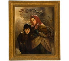 Antique J. B. Crosbie - Signed 1896 Oil, Victorian Children in Winter Landscape
