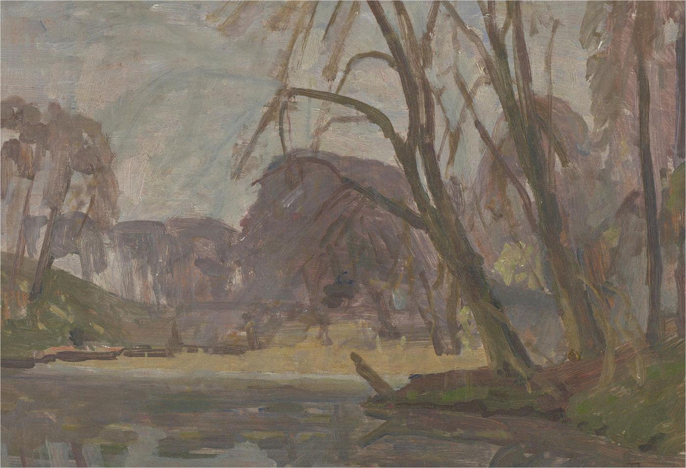 J. B - Early 20th Century Oil, Trees Over The Water For Sale 2