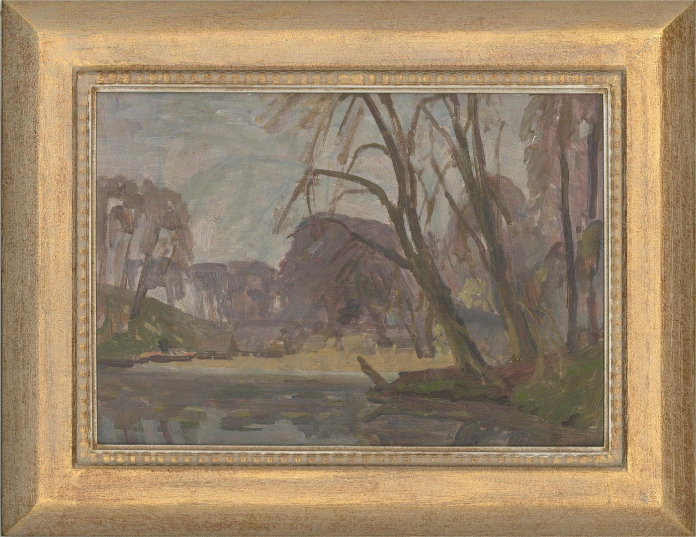 A beautifully restrained and gestural early 20th Century impressionist oil landscape showing stark trees hanging over the bank of a calm river. The artist has initialed to the lower right and the painting has been presented in a lime washed gilt