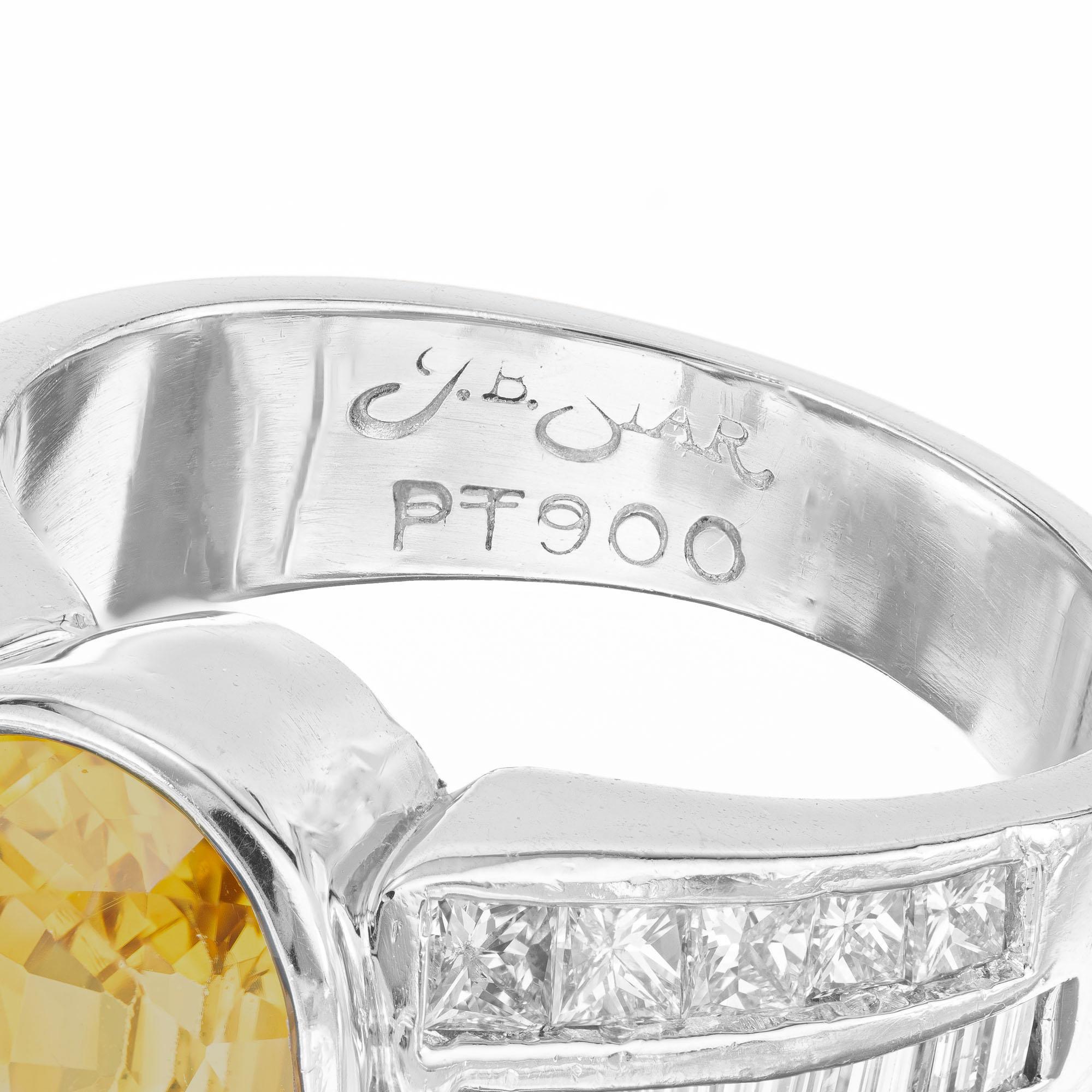 Oval Cut J. B. Star GIA 5.29 Carat Yellow Sapphire Diamond Platinum Engagement Ring For Sale