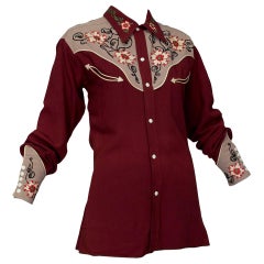 Vintage J Bar S Maroon Embroidered Gabardine Western Cowboy Shirt - size S-M, 1940s