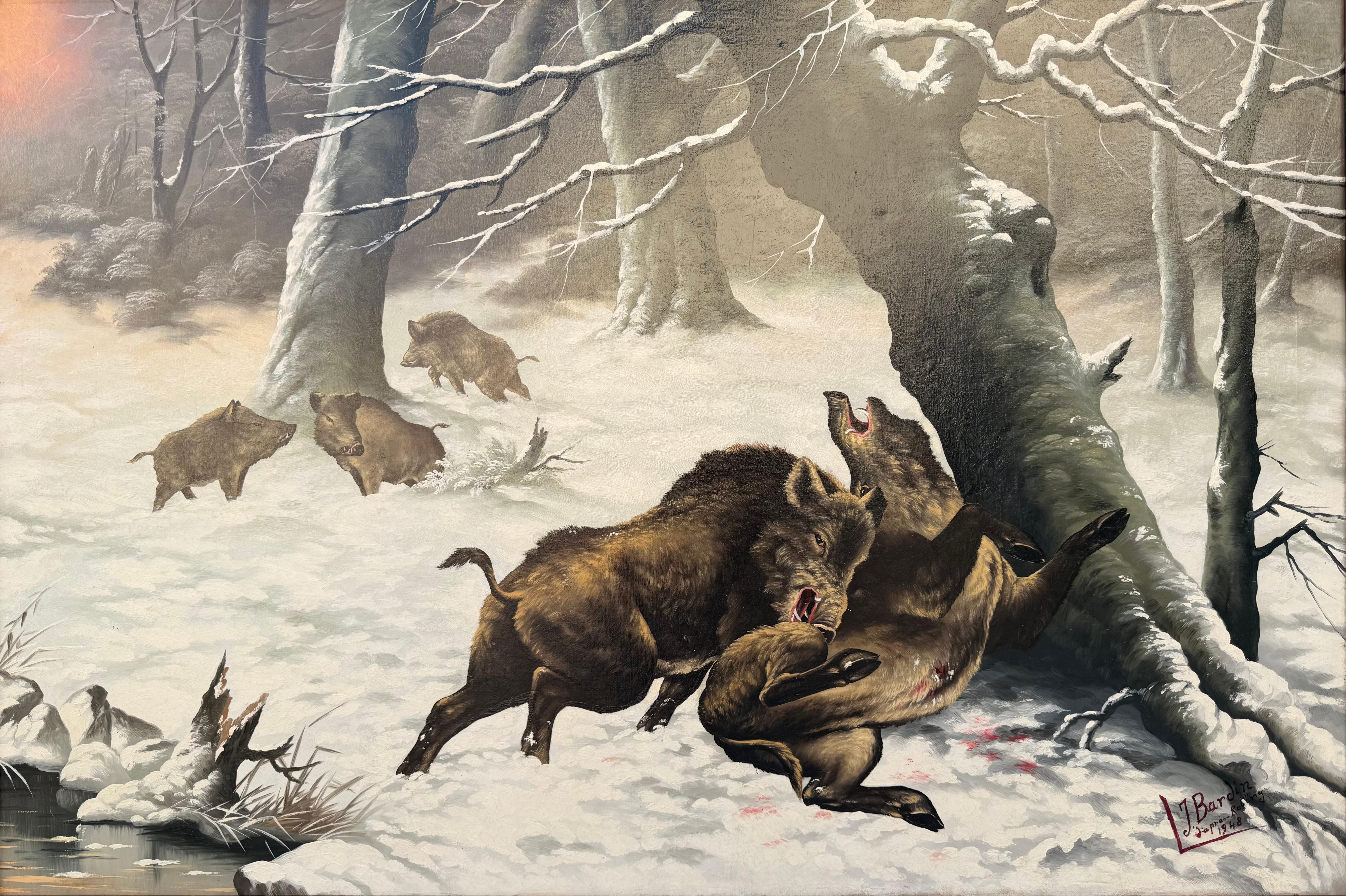 Magnificent and large painting, oil on canvas, depicting a wild boar fight in the middle of a snowy forest at sunset. It is signed and dated lower right 