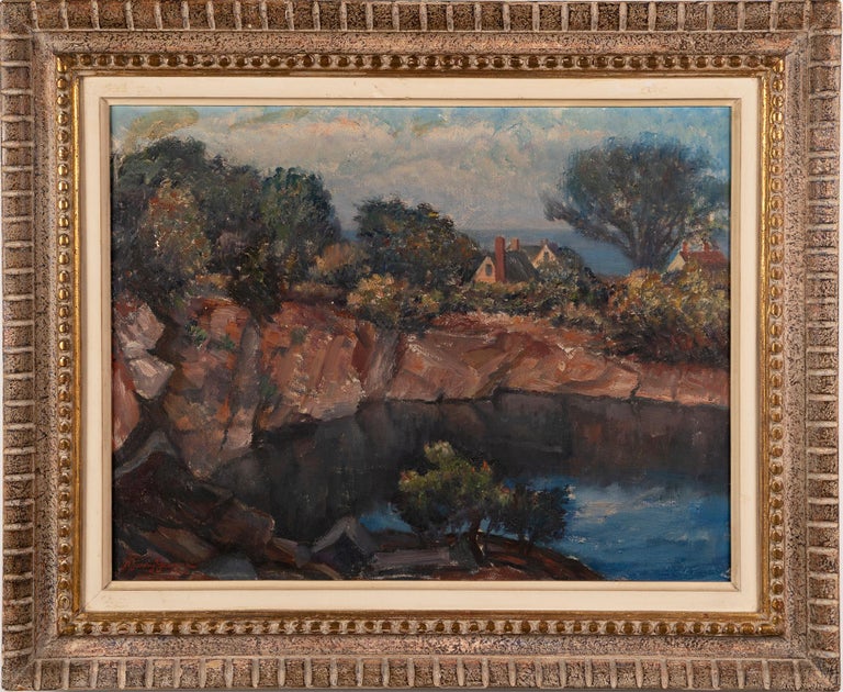 Antique American Impressionist Landscape Coastal New England Signed Oil Painting - Brown Landscape Painting by J. Barry Greene
