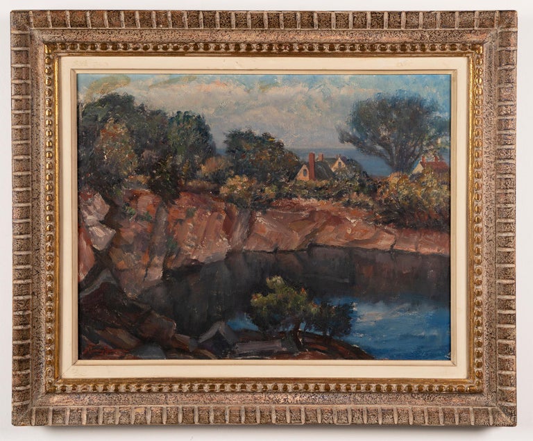 Vintage American modernist seascape oil painting by J. Barry Greene (1895 - 1966).  Oil on canvas, circa 1946.  Signed.  Image size, 23L x 18H.  Housed in a period modernist frame.