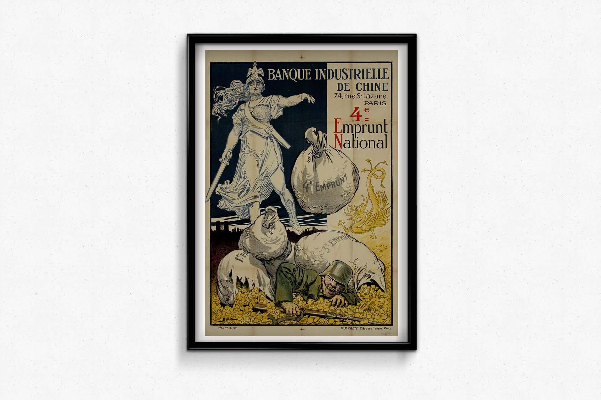Das Originalplakat von J. Basté aus dem Jahr 1918, das für die 4. nationale Anleihe der Banque Industrielle de Chine wirbt, ist ein Zeugnis der finanziellen Mobilisierung während des Ersten Weltkriegs.
Inmitten des Konflikts starteten Regierungen