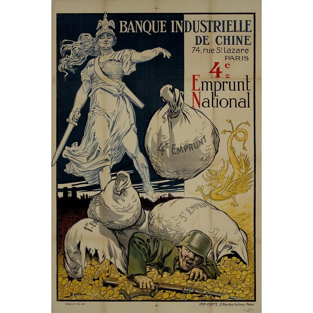 1918 original poster for 4th national loan for the Banque Industrielle de Chine - Print by J. Basté